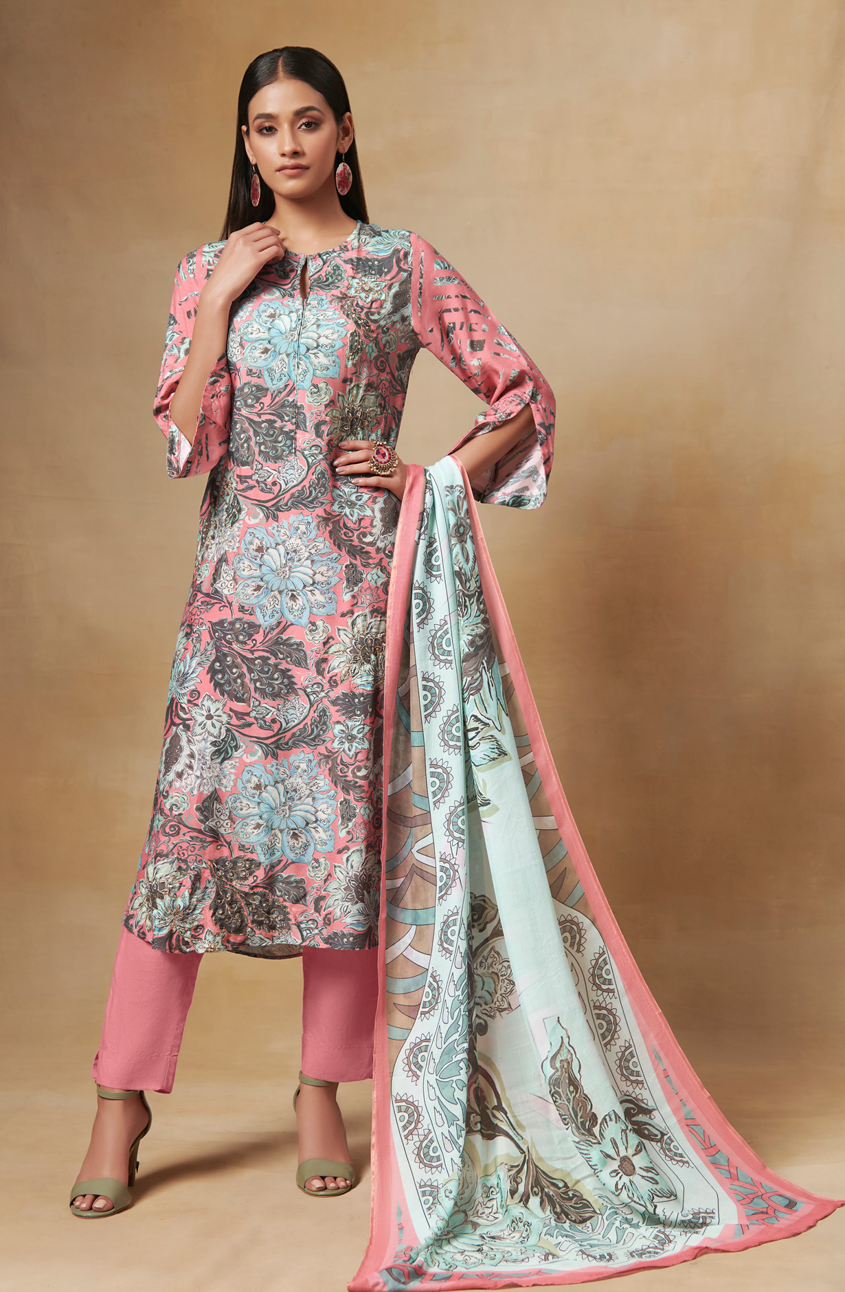 Multi and Pink Beautiful Muslin Salwar Kameez - FLA580B
