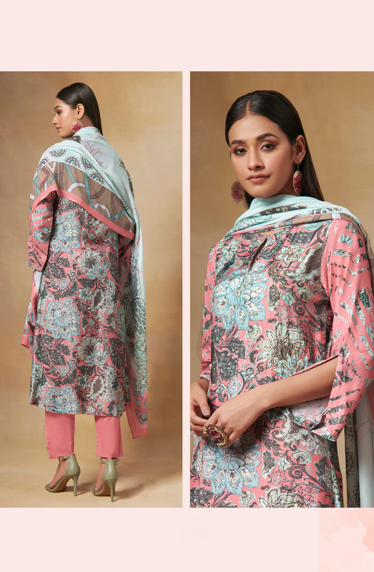 Multi and Pink Beautiful Muslin Salwar Kameez - FLA580B