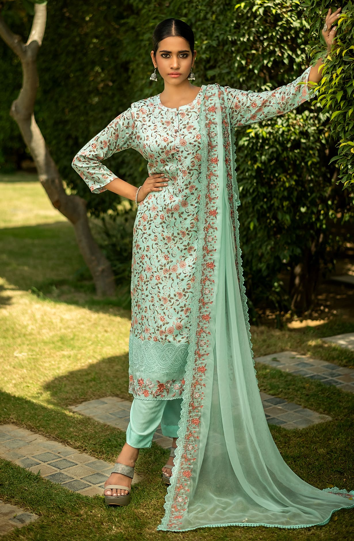 Firozi Modal Cotton Exclusive Unstitched Suit with Chiffon Dupatta - FLO1321B