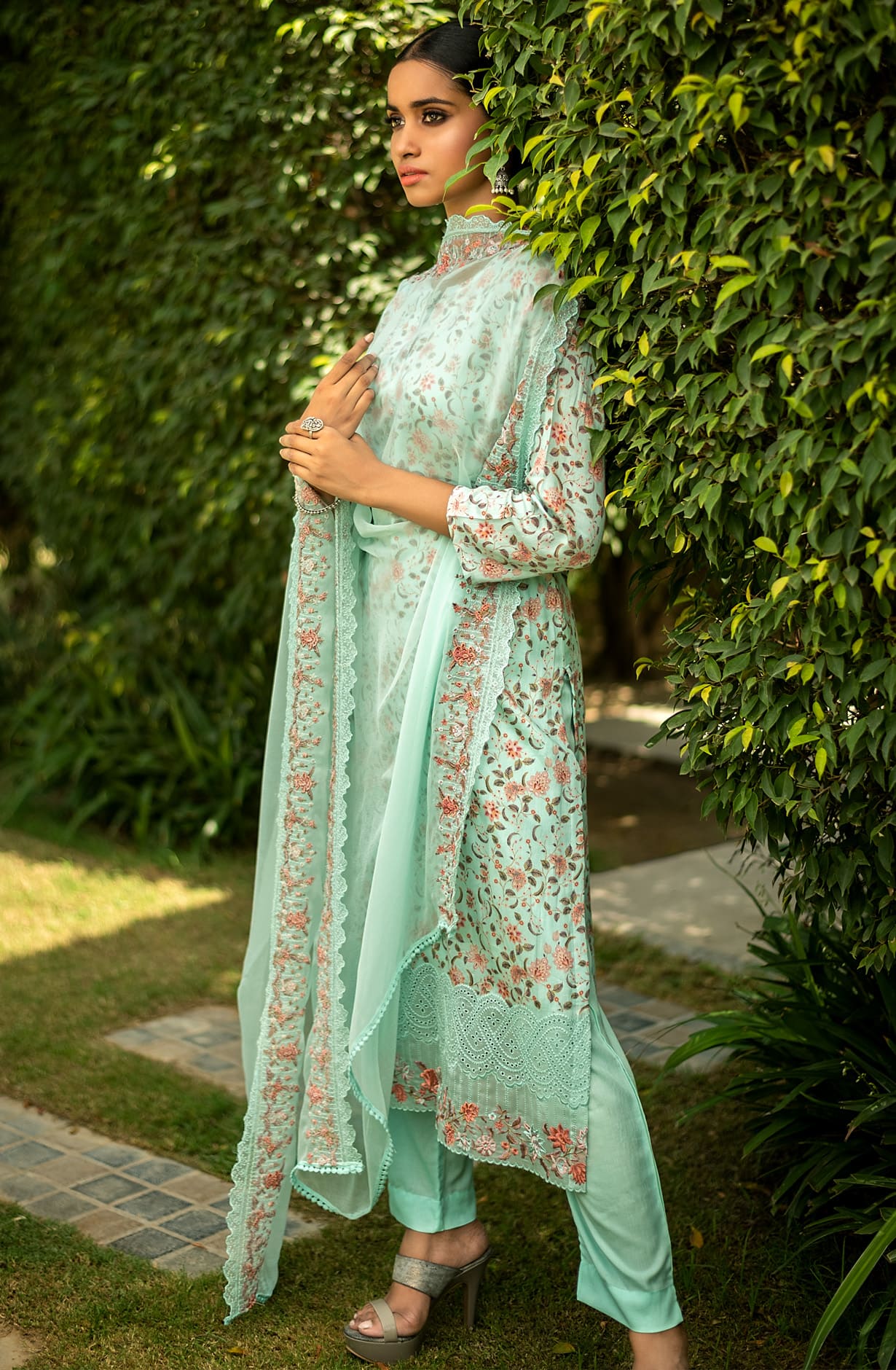 Firozi Modal Cotton Exclusive Unstitched Suit with Chiffon Dupatta - FLO1321B