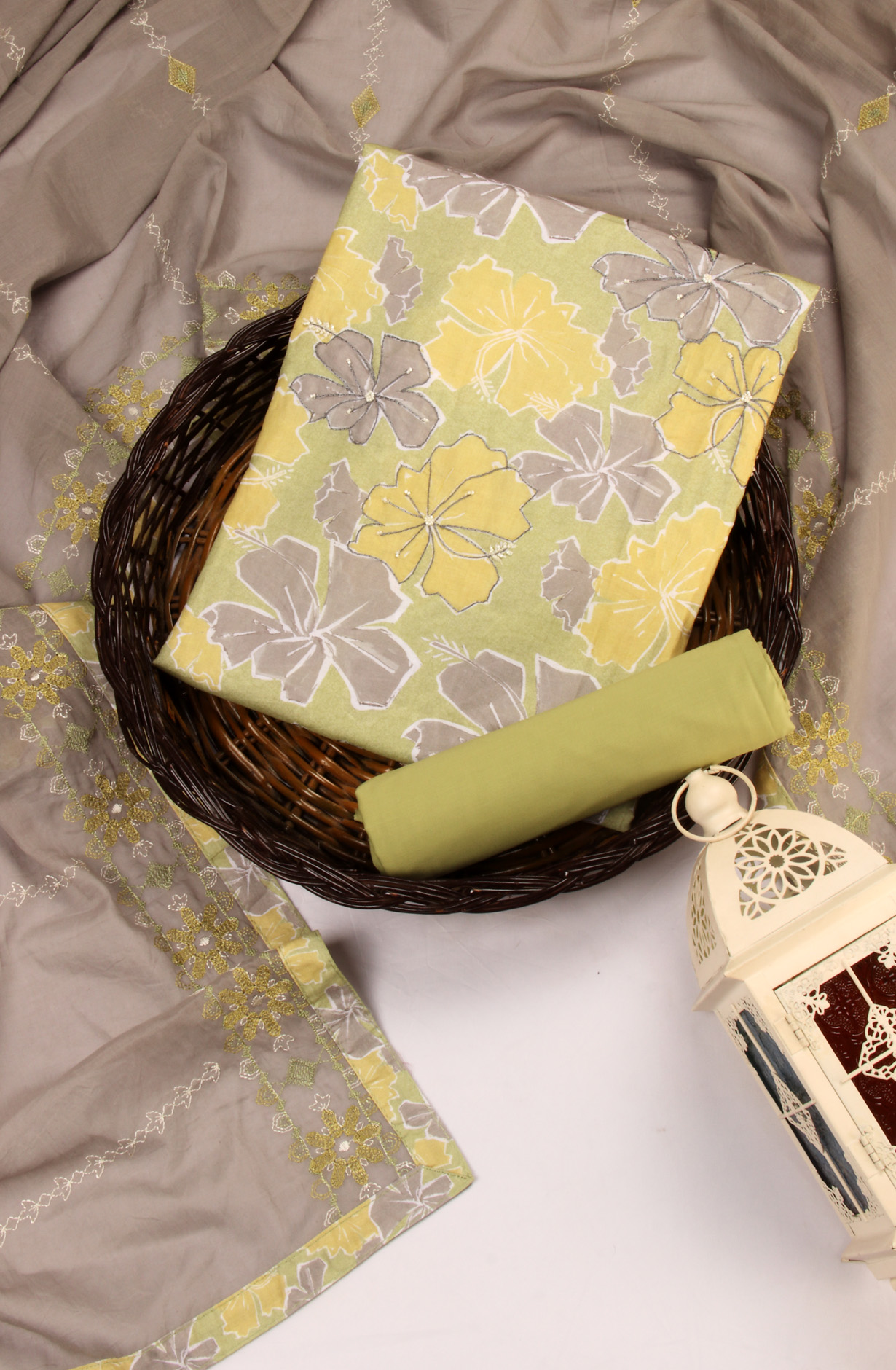 Parrot Green Cotton Lawn Unstitched Salwar Kameez with Dupatta - FLO318