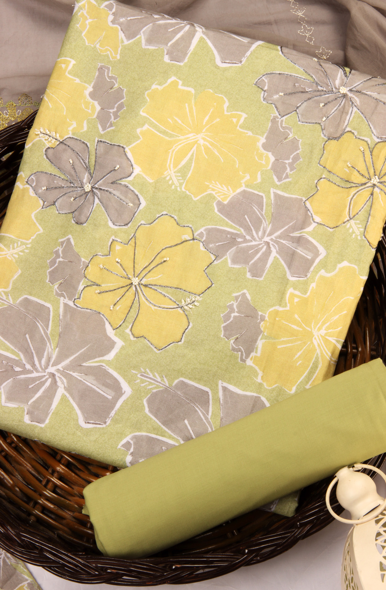 Parrot Green Cotton Lawn Unstitched Salwar Kameez with Dupatta - FLO318