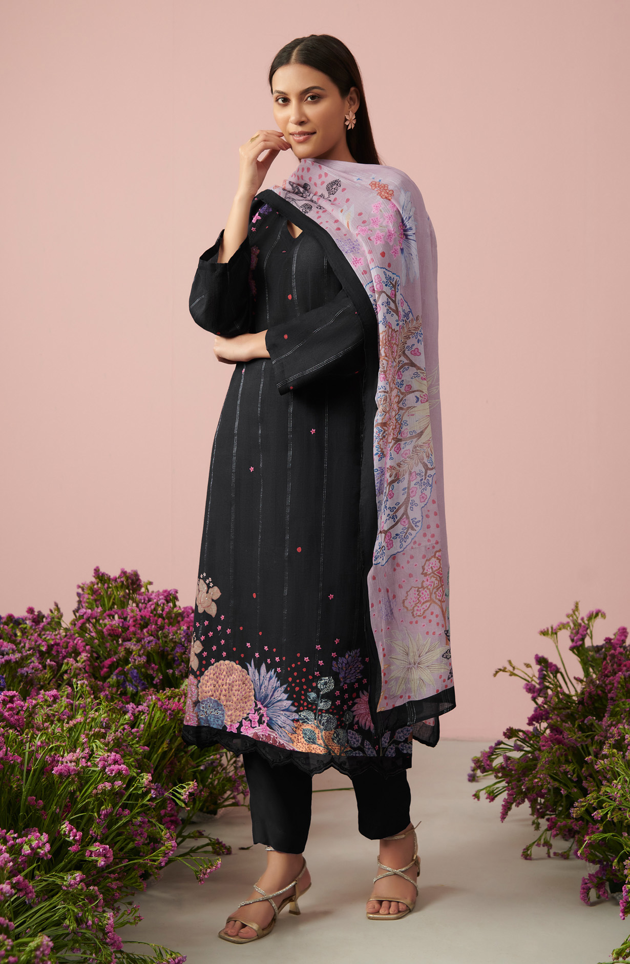 Black Linen Unstitched Digital Printed Suit-sets - FLOW910
