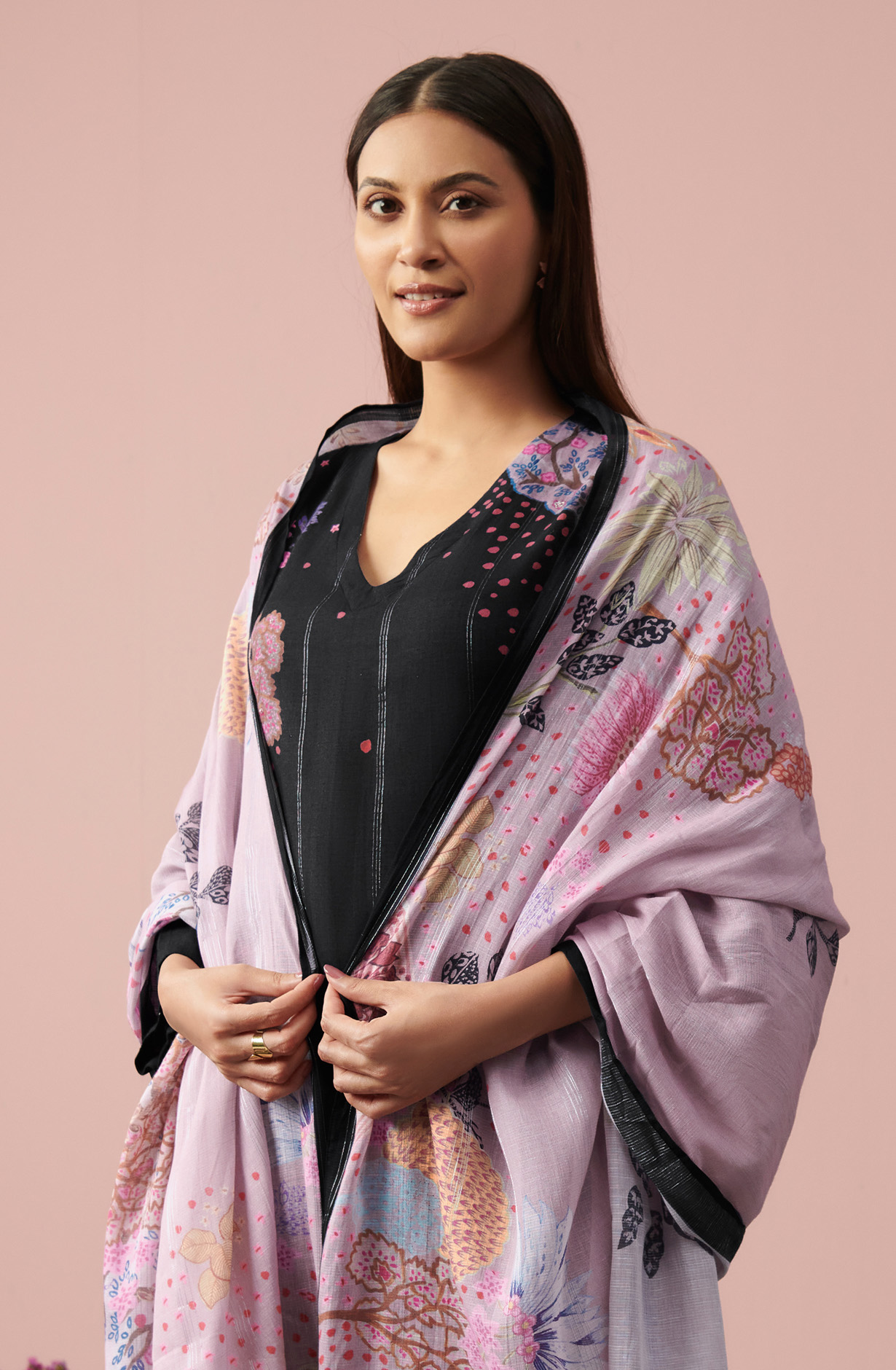 Black Linen Unstitched Digital Printed Suit-sets - FLOW910