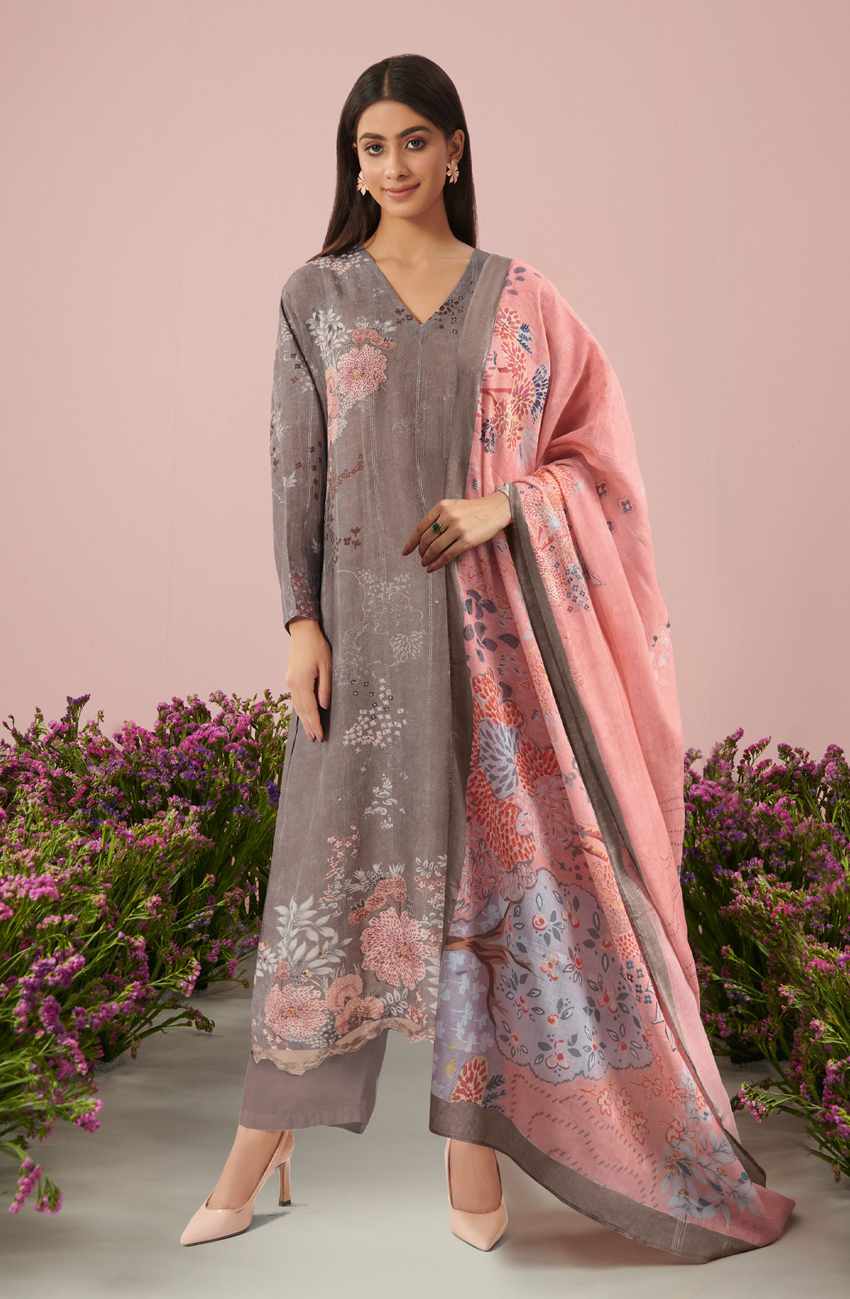Pastel Grey Linen Unstitched Digital Printed Suit-sets - FLOW925