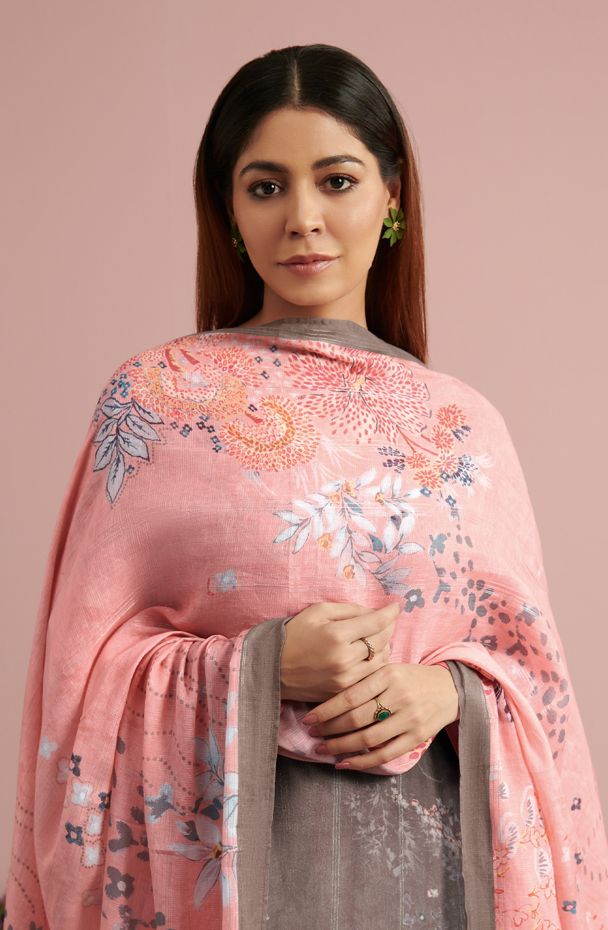 Pastel Grey Linen Unstitched Digital Printed Suit-sets - FLOW925