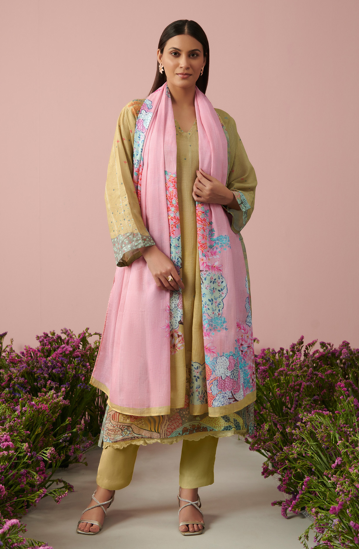 Mehndi Green Linen Unstitched Digital Printed Suit-sets - FLOW935