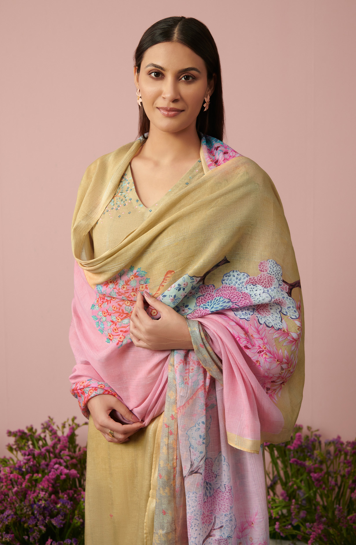 Mehndi Green Linen Unstitched Digital Printed Suit-sets - FLOW935