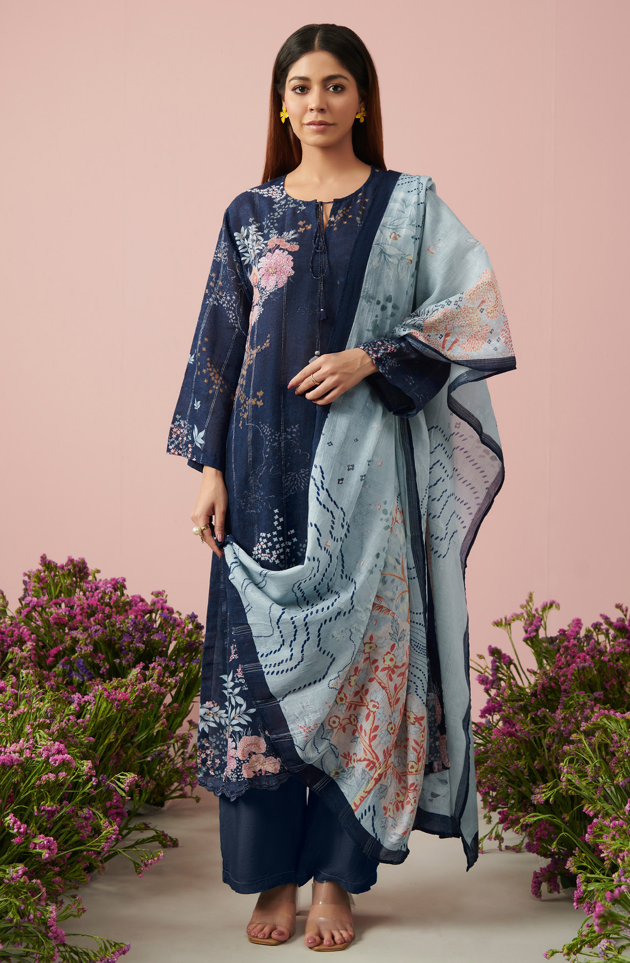 Blue Linen Unstitched Digital Printed Suit-sets - FLOW940