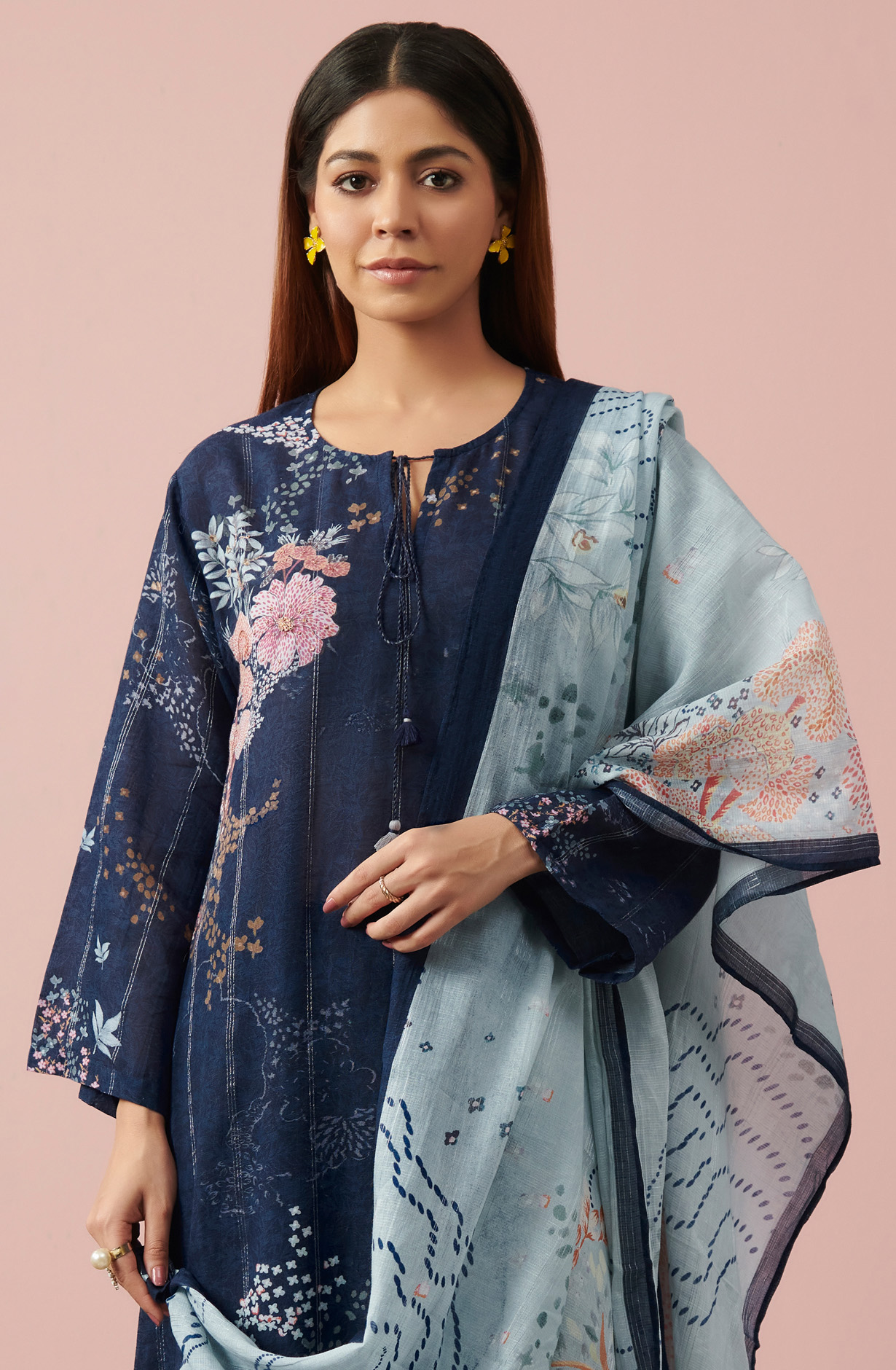 Blue Linen Unstitched Digital Printed Suit-sets - FLOW940