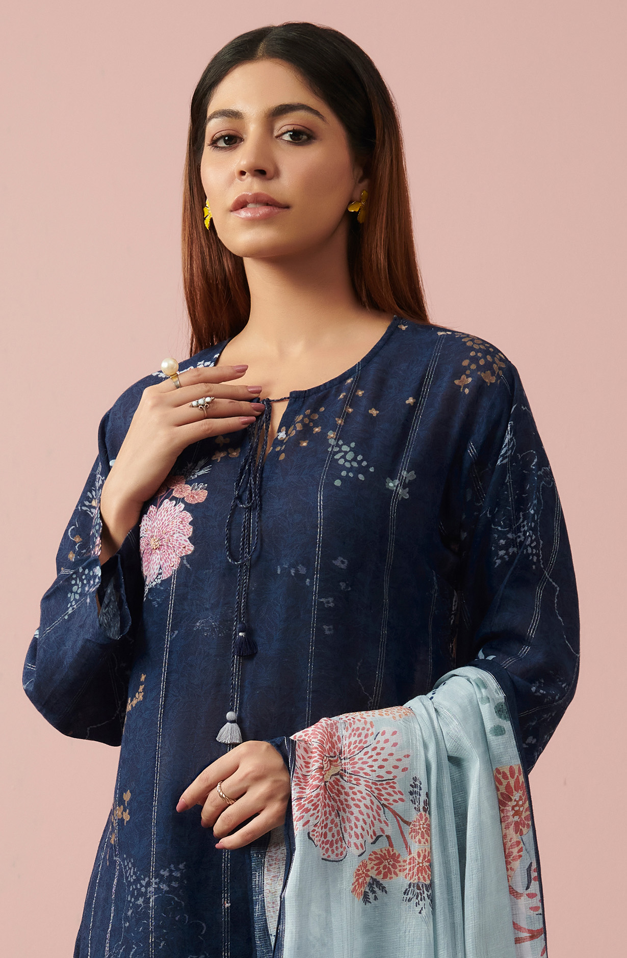 Blue Linen Unstitched Digital Printed Suit-sets - FLOW940