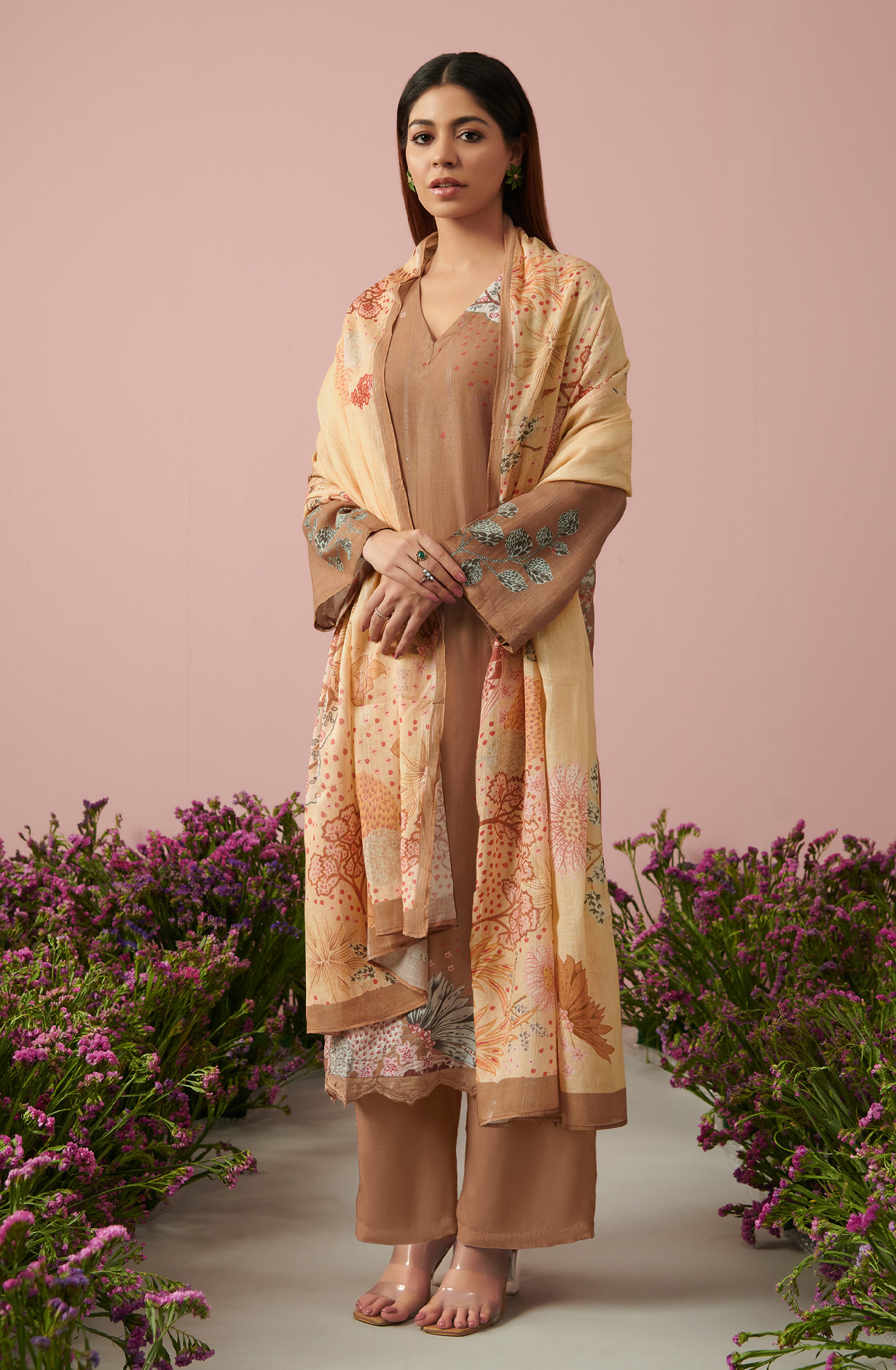 Brown Linen Unstitched Digital Printed Suit-sets - FLOW955