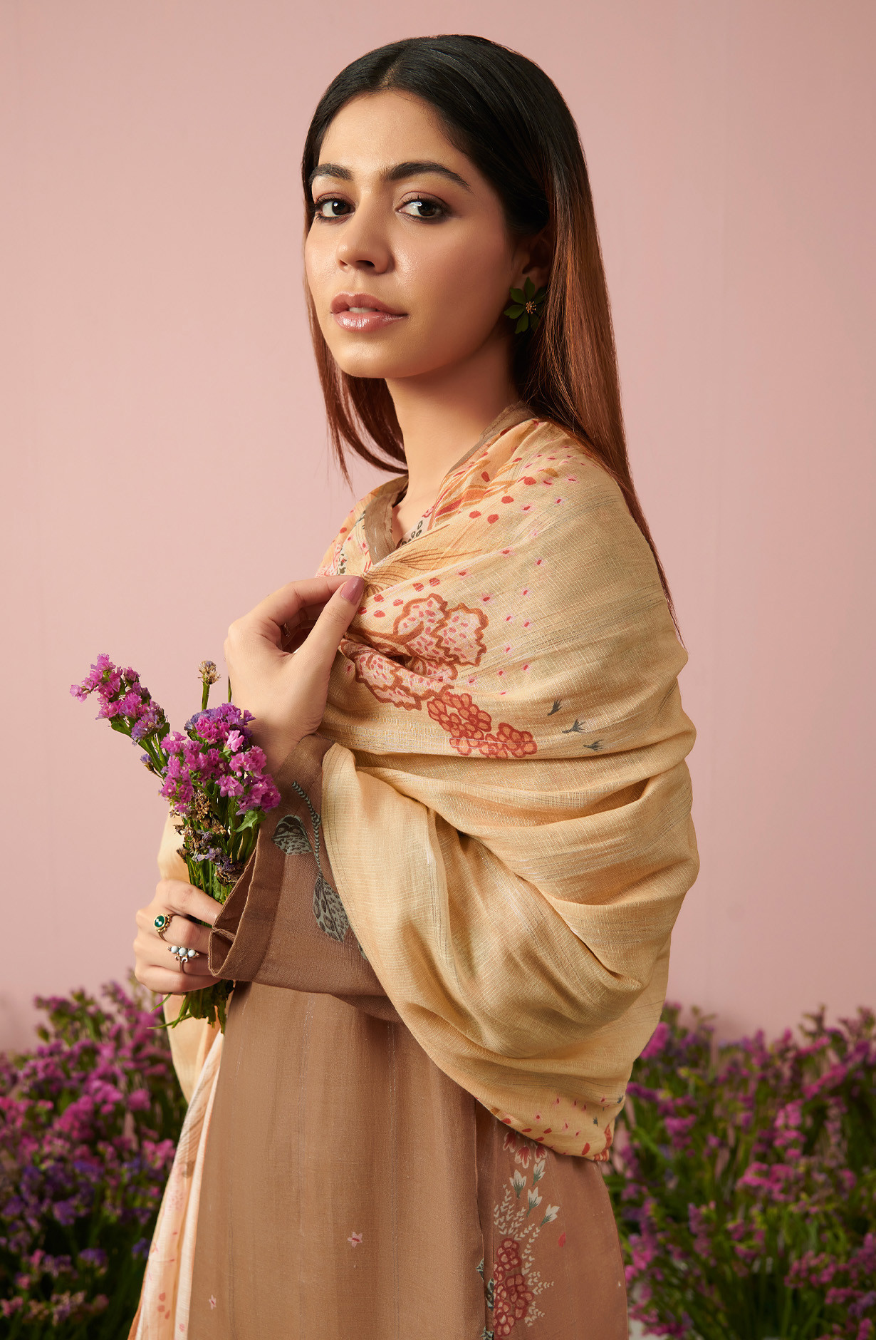 Brown Linen Unstitched Digital Printed Suit-sets - FLOW955