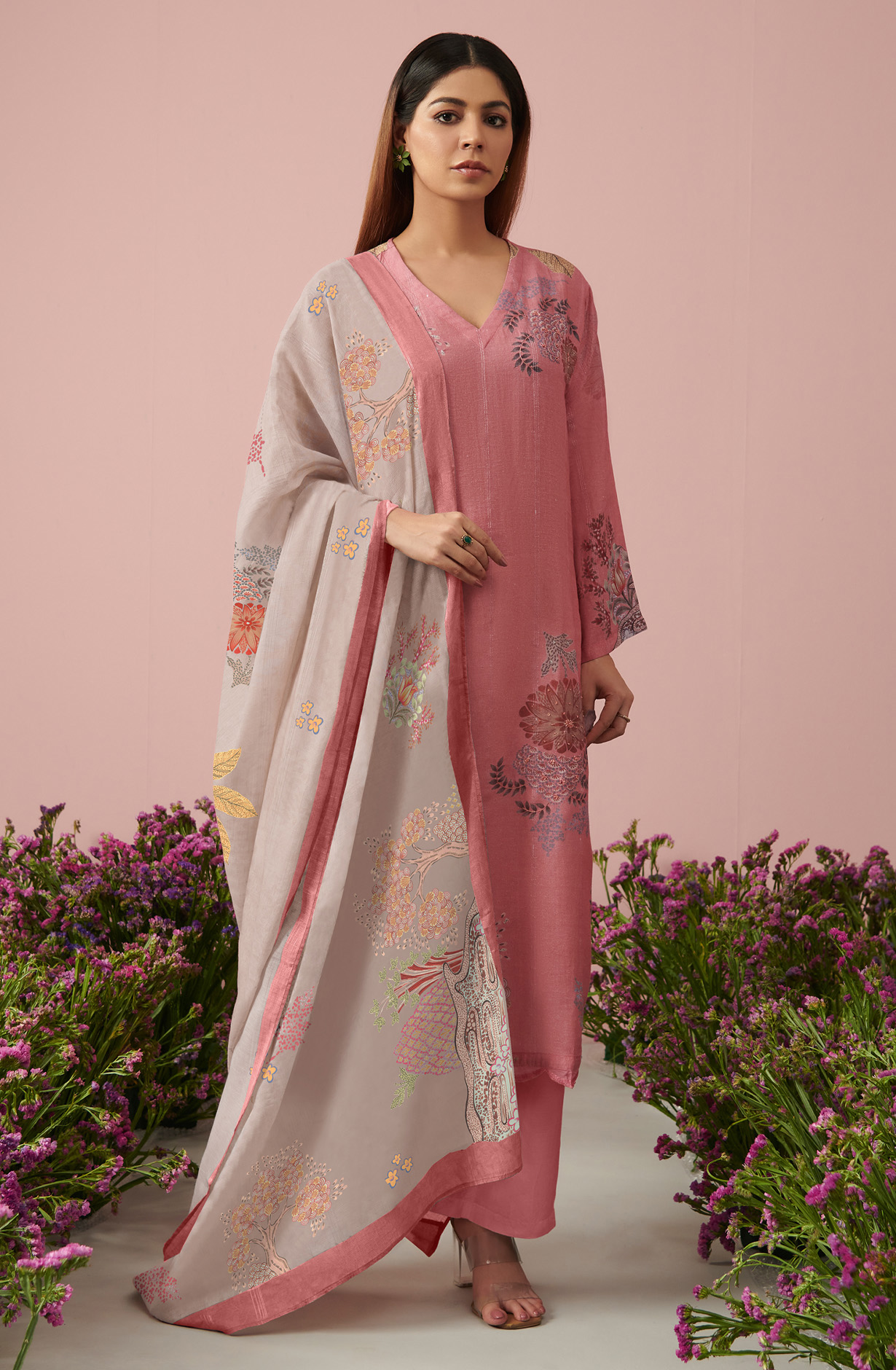 Pink Linen Unstitched Digital Printed Suit-sets - FLOW965
