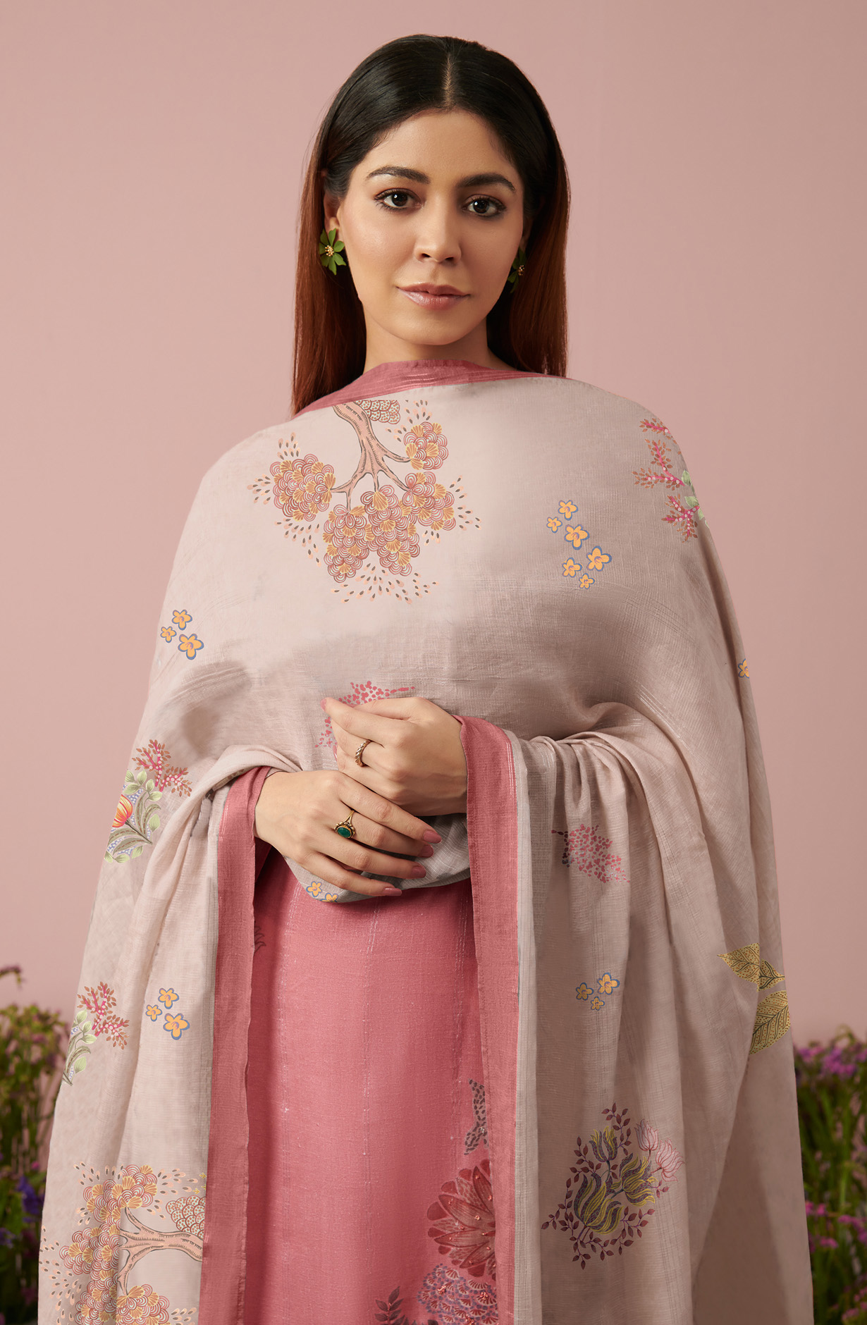 Pink Linen Unstitched Digital Printed Suit-sets - FLOW965