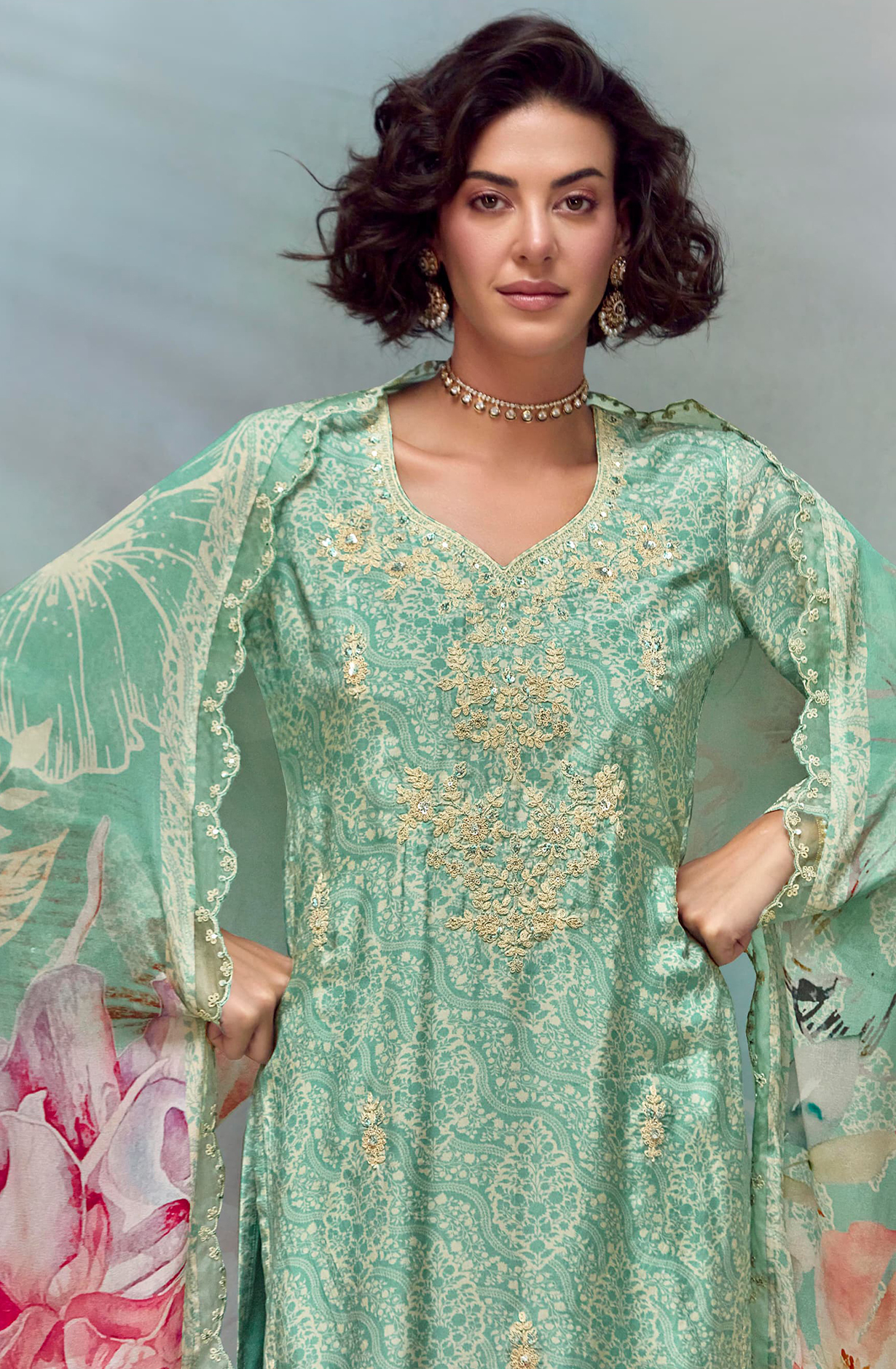 Green Muslin Printed Suit Set with Dupatta- FLO9691