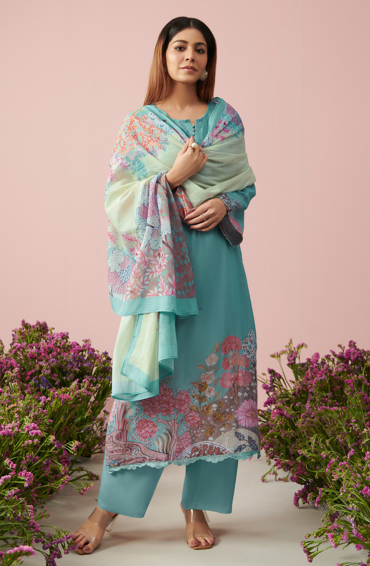 Sea Green Linen Unstitched Digital Printed Suit-sets - FLOW970