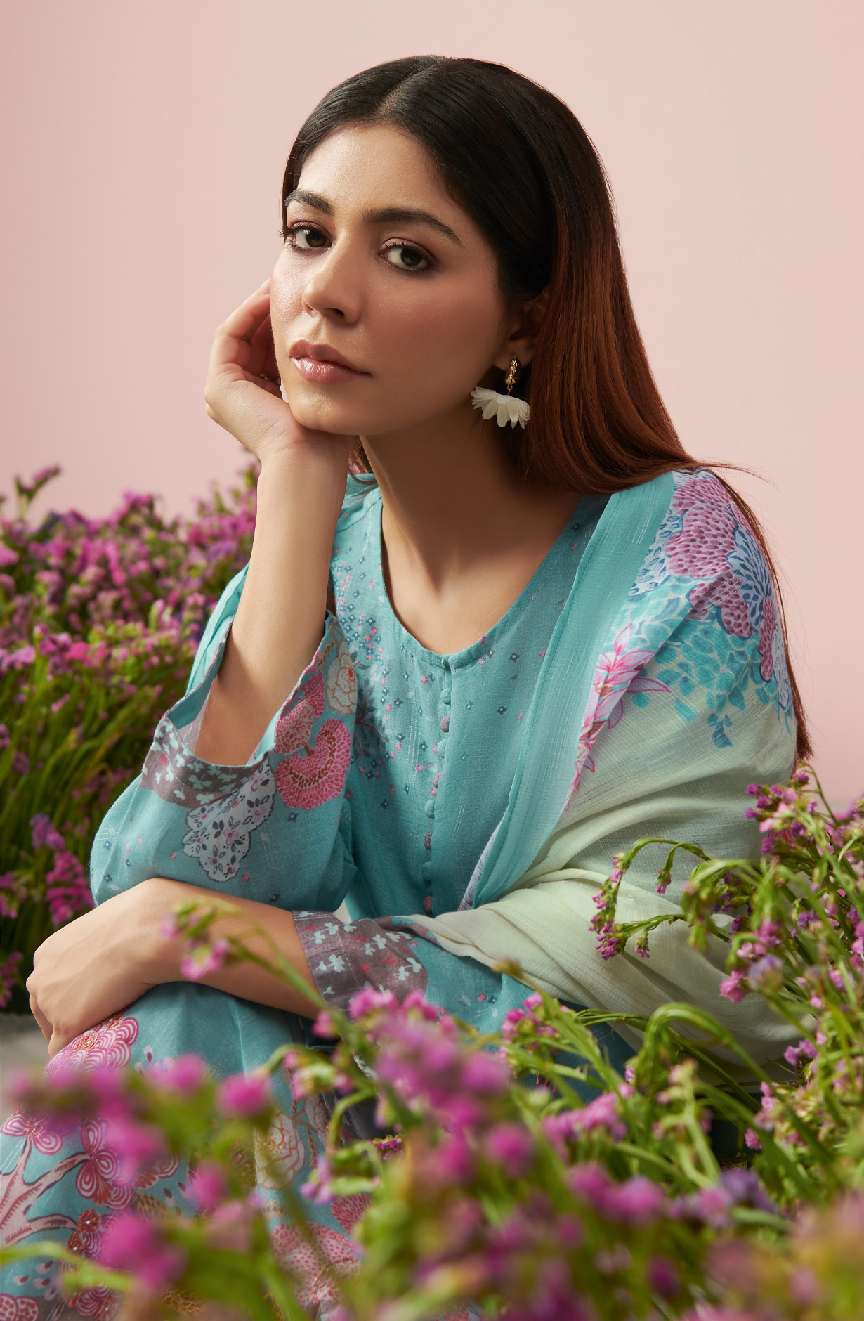 Sea Green Linen Unstitched Digital Printed Suit-sets - FLOW970