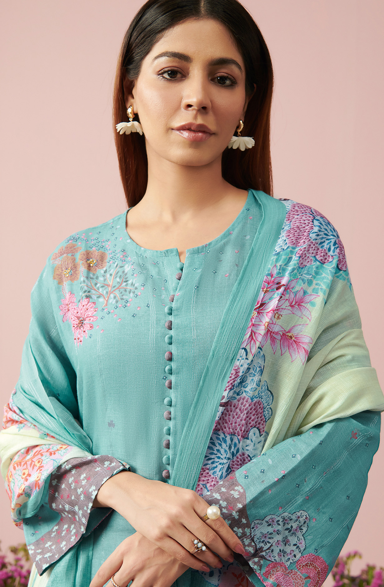 Sea Green Linen Unstitched Digital Printed Suit-sets - FLOW970