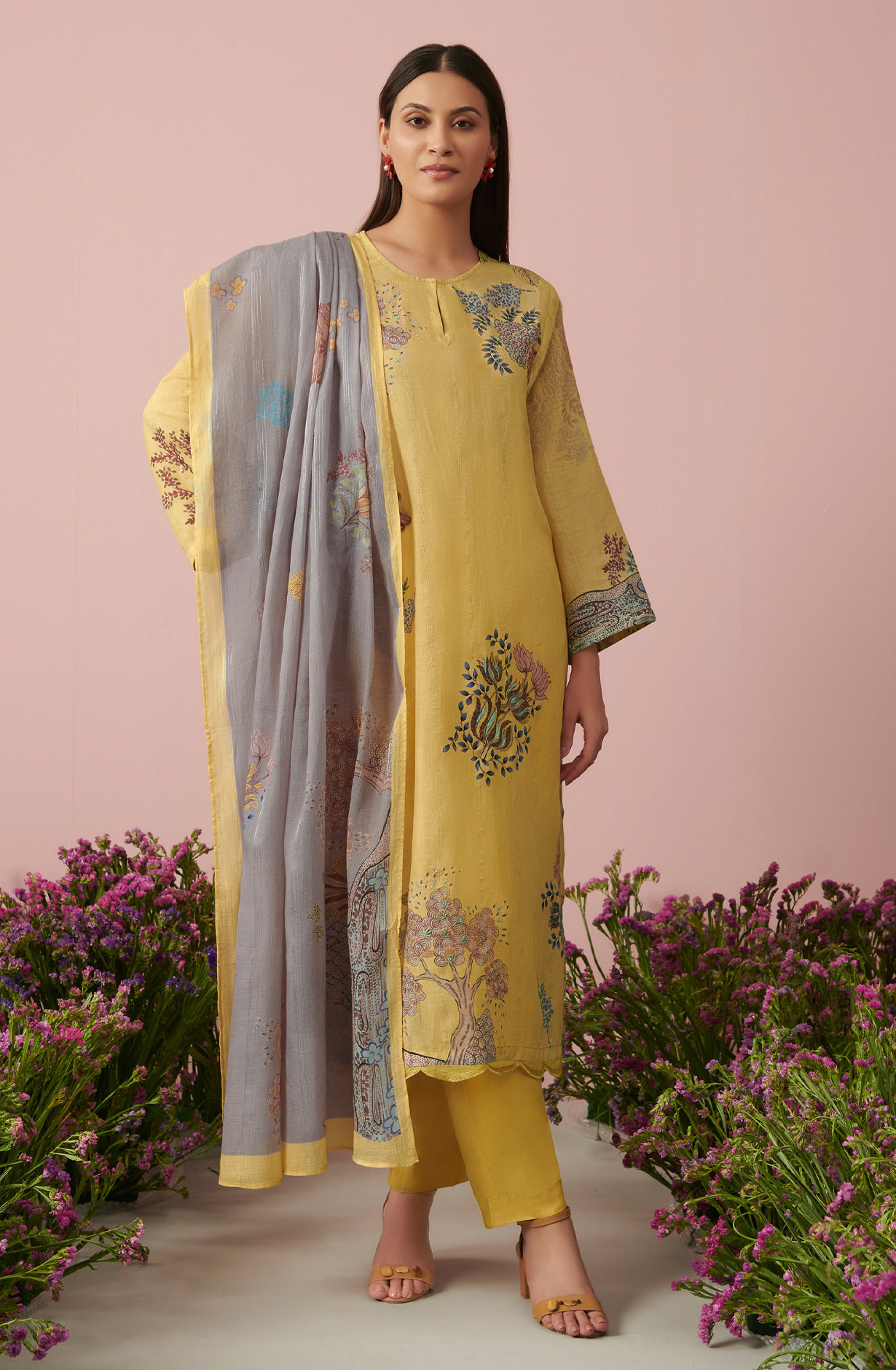 Mustard Yellow Linen Unstitched Digital Printed Suit-sets - FLOW975