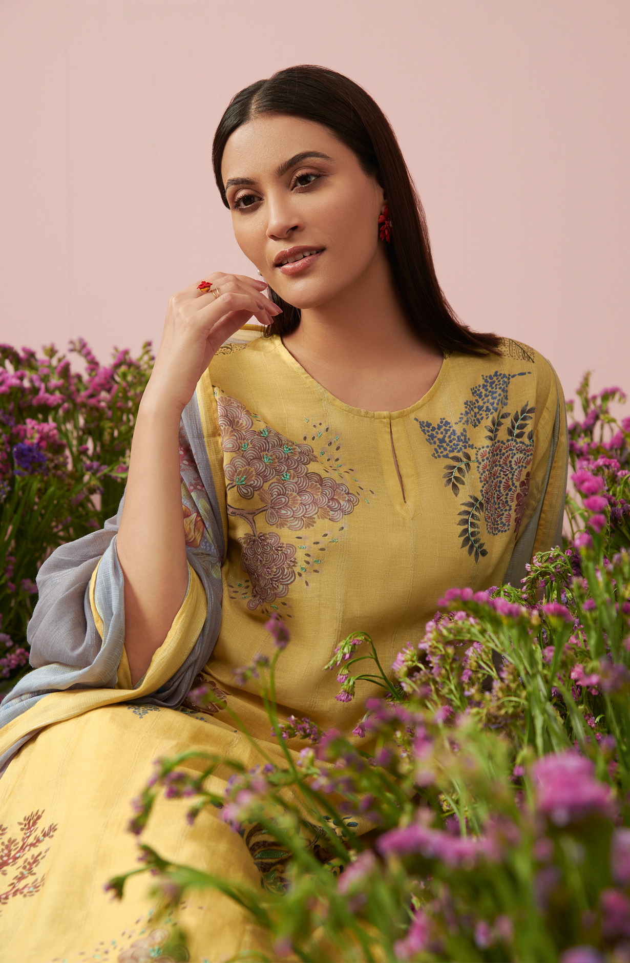 Mustard Yellow Linen Unstitched Digital Printed Suit-sets - FLOW975