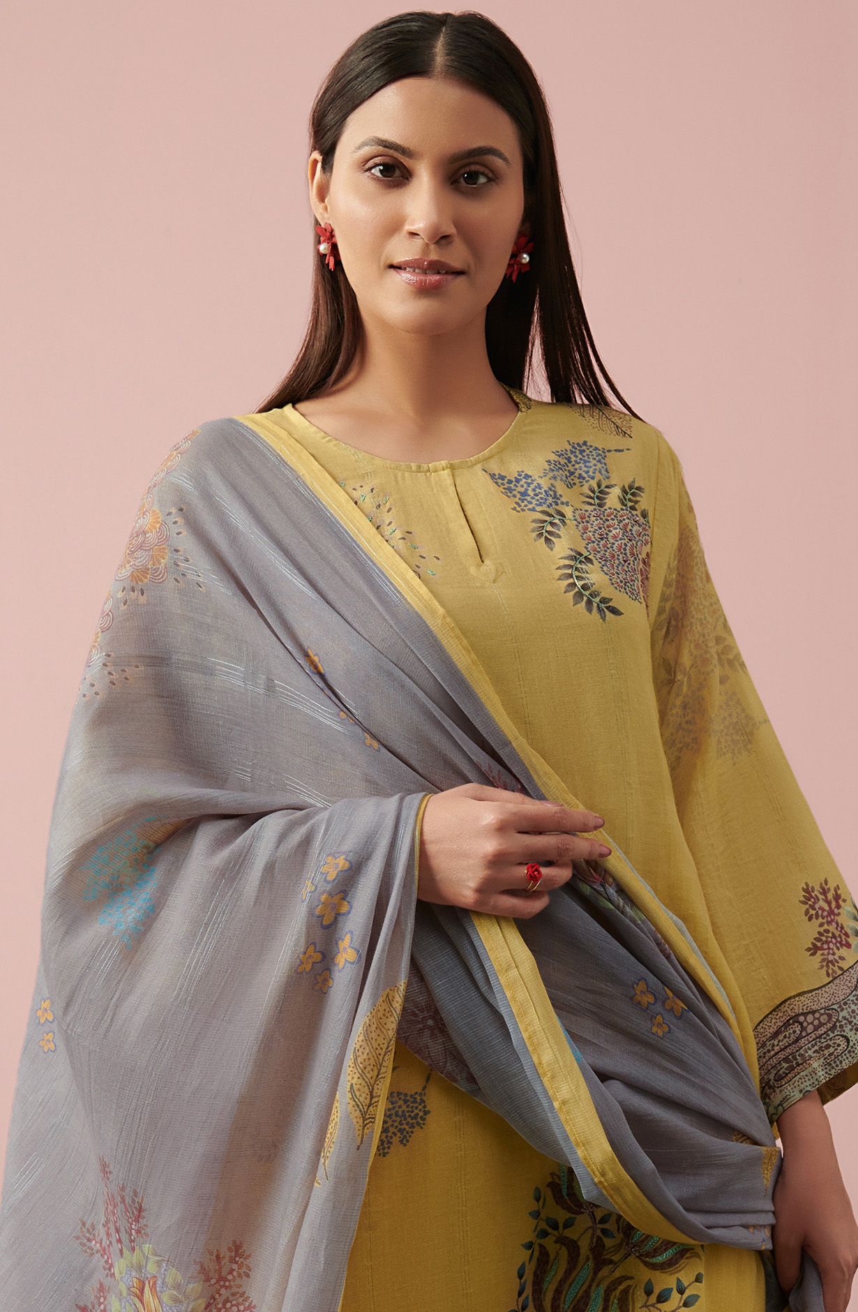 Mustard Yellow Linen Unstitched Digital Printed Suit-sets - FLOW975