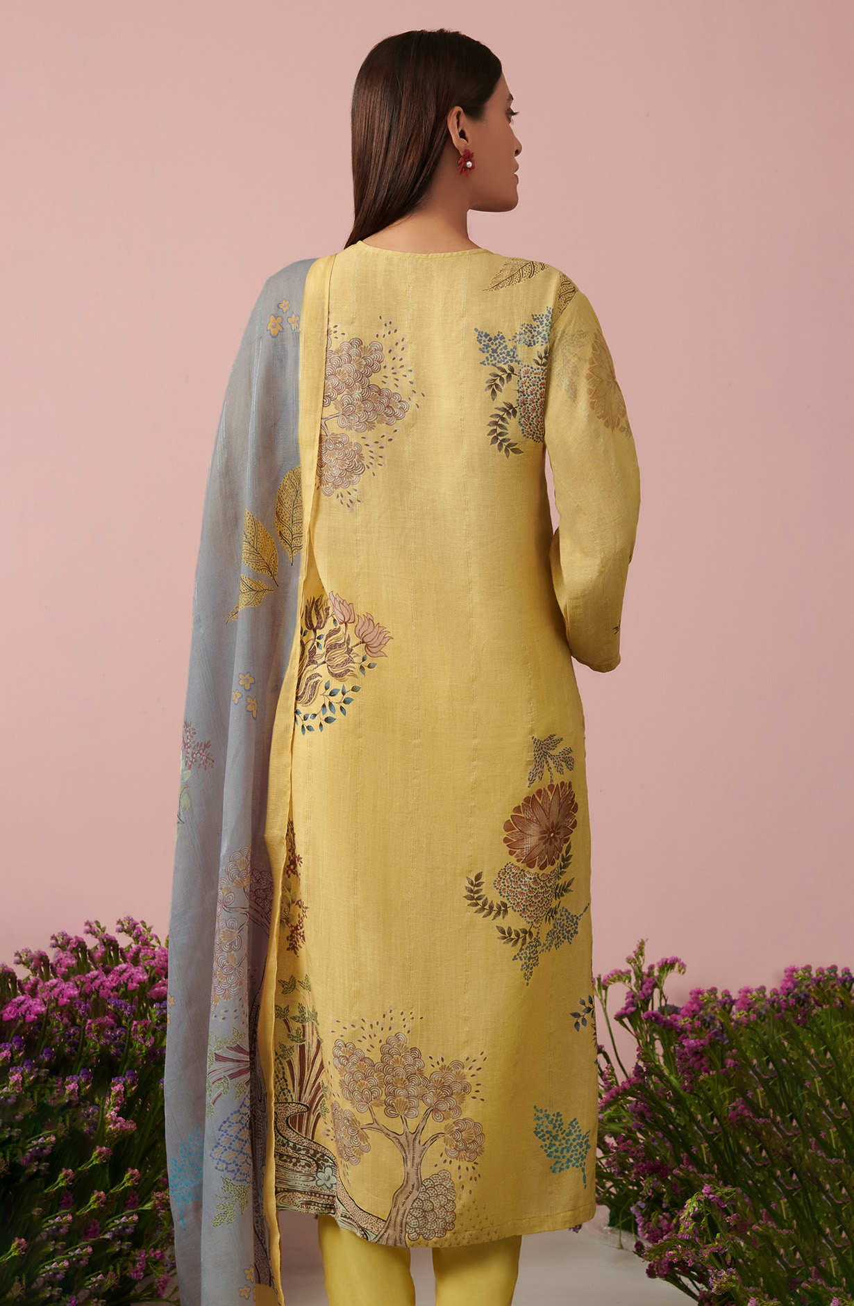 Mustard Yellow Linen Unstitched Digital Printed Suit-sets - FLOW975