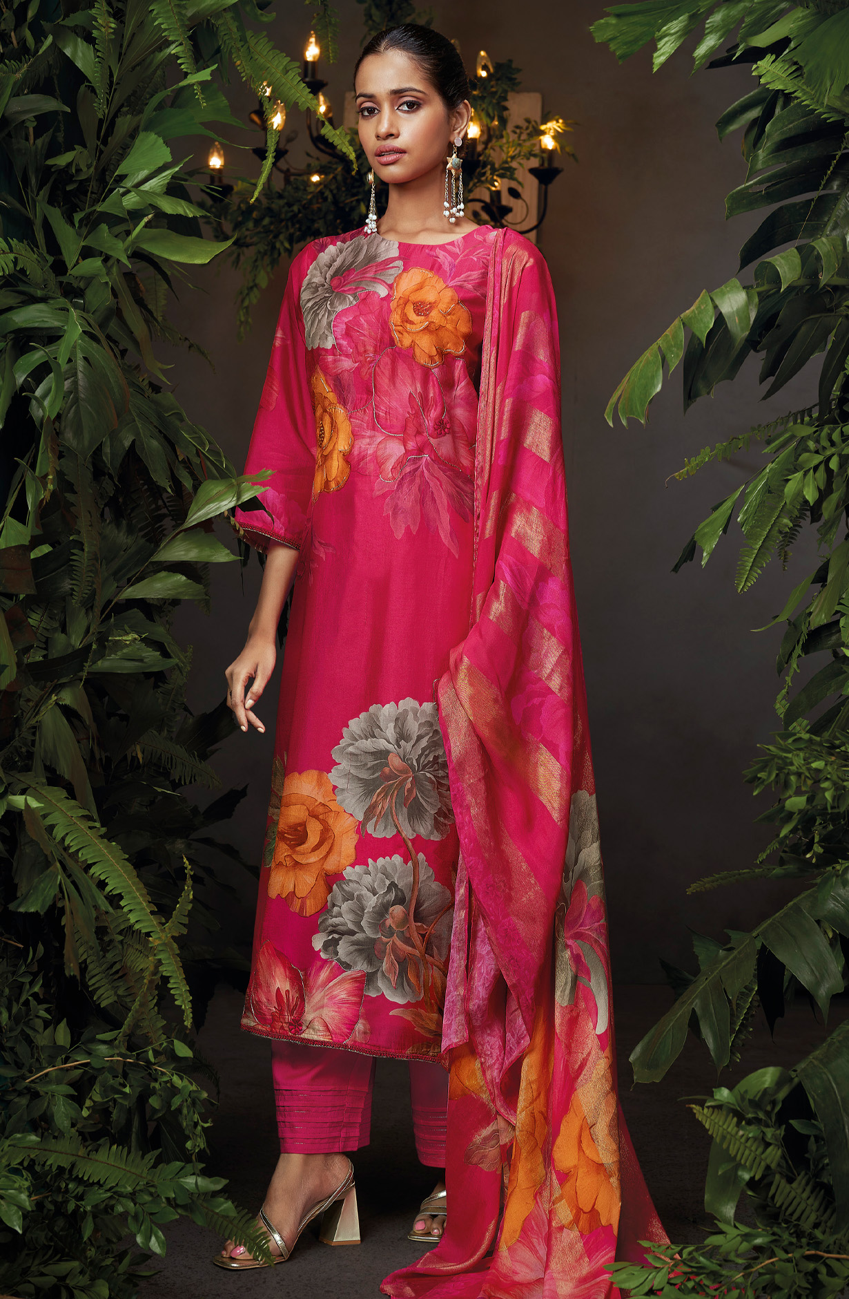 Rani Pink Beautiful Russian Silk Unstitched Salwar Kameez with Dupatta - FLOC1486