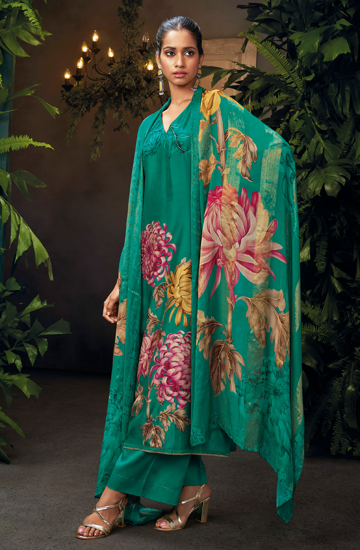 Green Beautiful Russian Silk Unstitched Salwar Kameez with Dupatta - FLOC1487