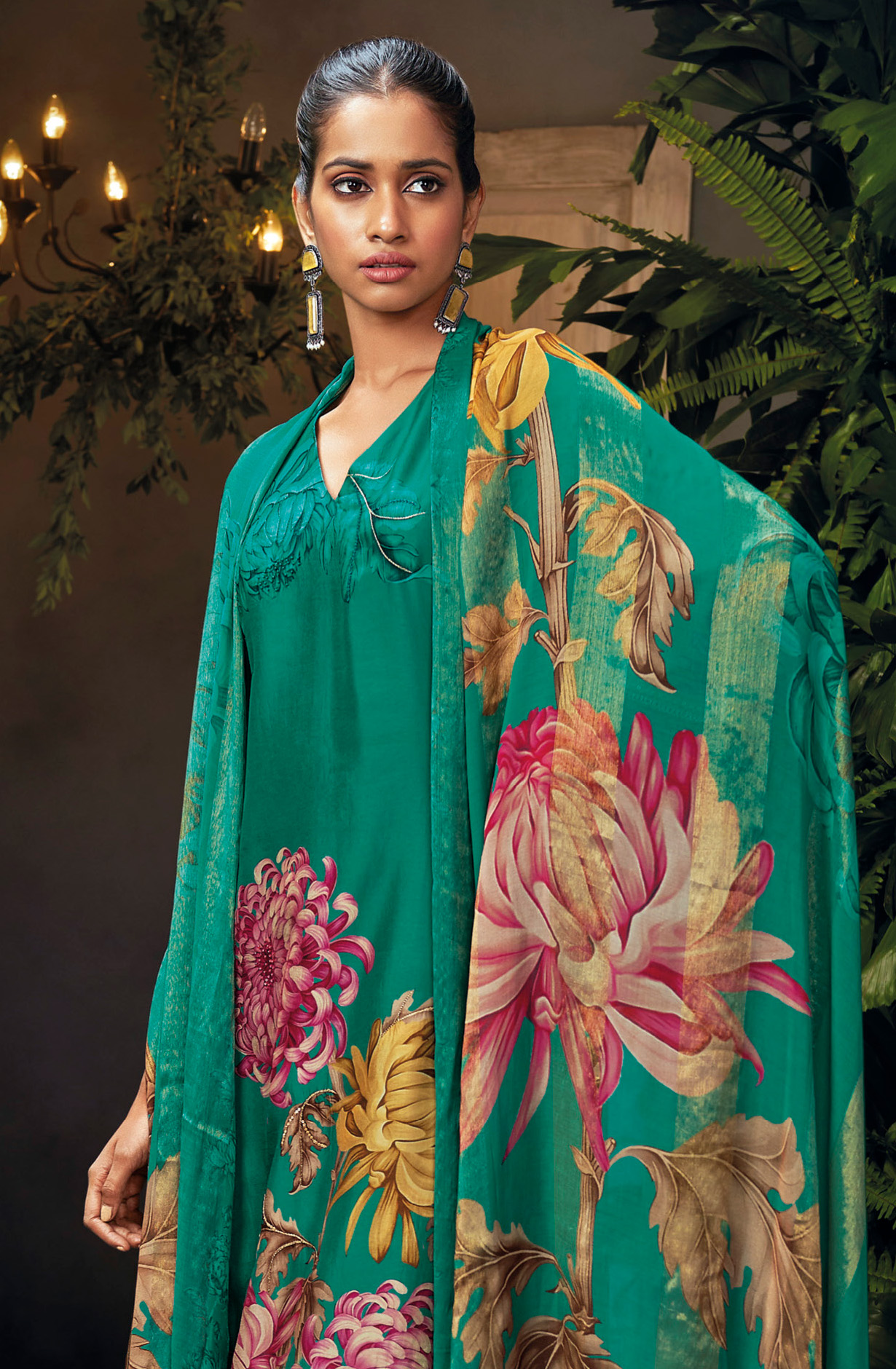 Green Beautiful Russian Silk Unstitched Salwar Kameez with Dupatta - FLOC1487