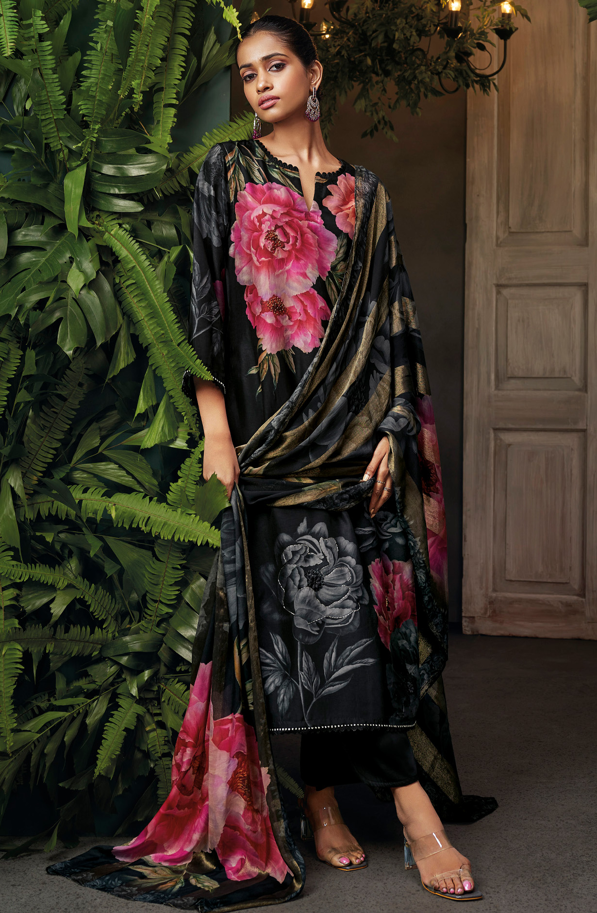 Black Beautiful Russian Silk Unstitched Salwar Kameez with Dupatta - FLOC1488