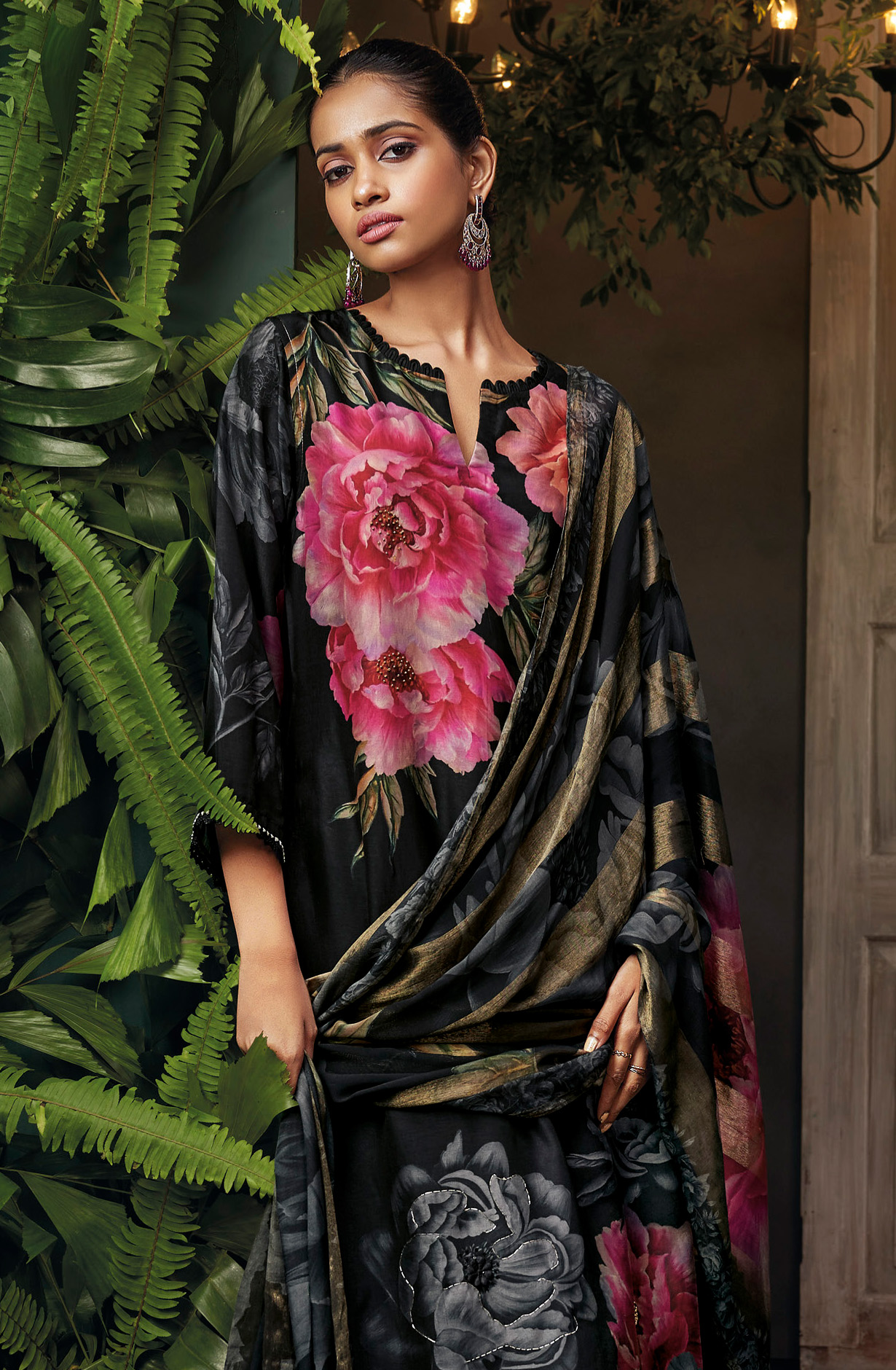 Black Beautiful Russian Silk Unstitched Salwar Kameez with Dupatta - FLOC1488