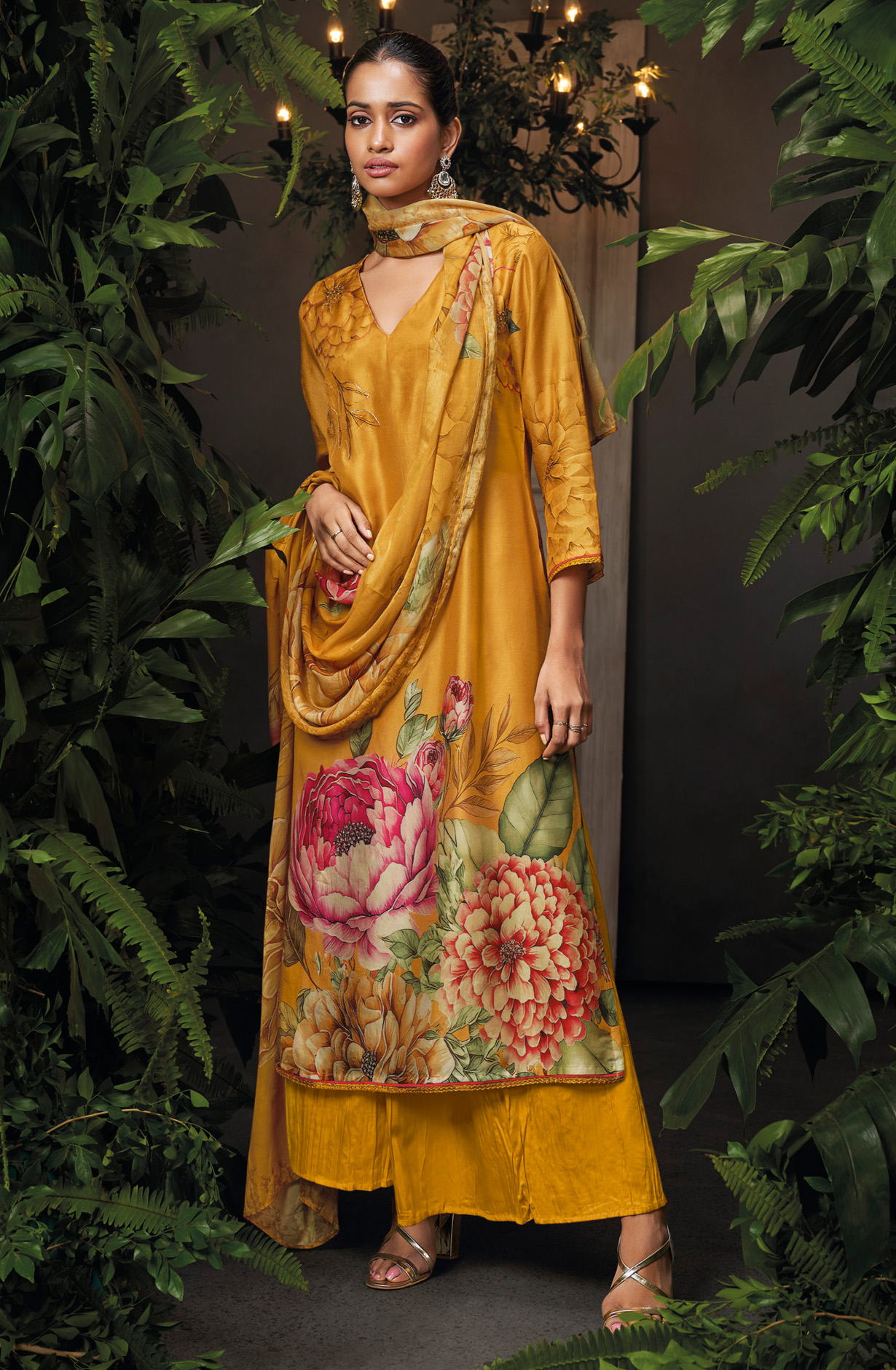 Mustard Yellow Beautiful Russian Silk Unstitched Salwar Kameez with Dupatta - FLOC1489