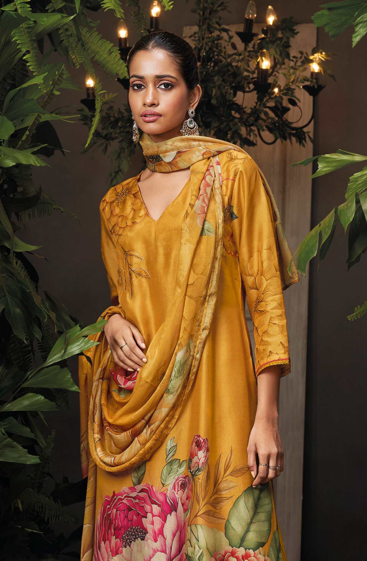 Mustard Yellow Beautiful Russian Silk Unstitched Salwar Kameez with Dupatta - FLOC1489