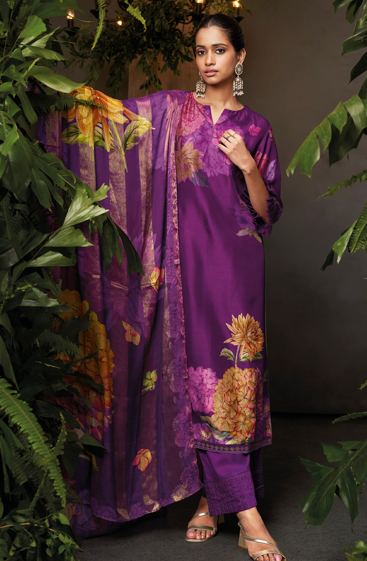 Purple Beautiful Russian Silk Unstitched Salwar Kameez with Dupatta - FLOC1490