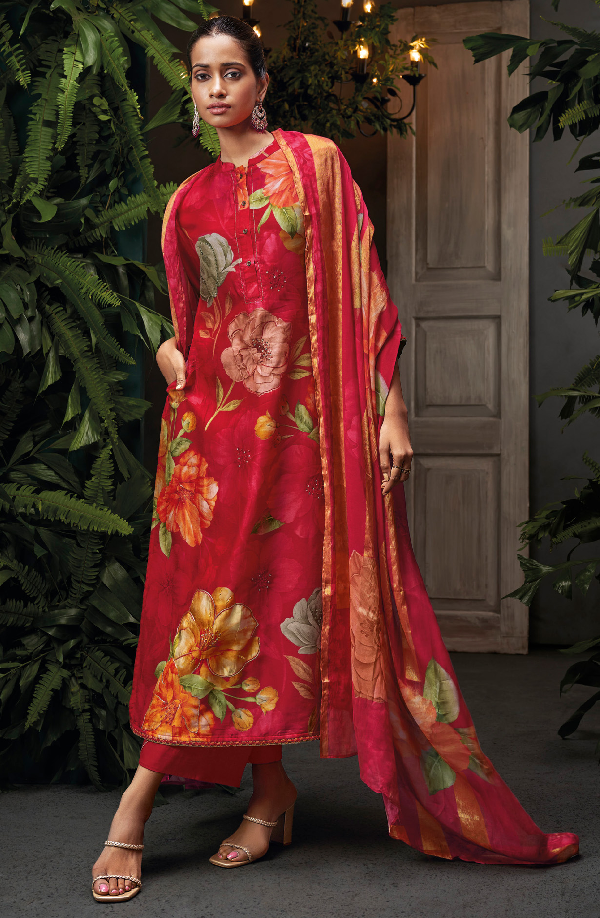 Red Beautiful Russian Silk Unstitched Salwar Kameez with Dupatta - FLOC1491