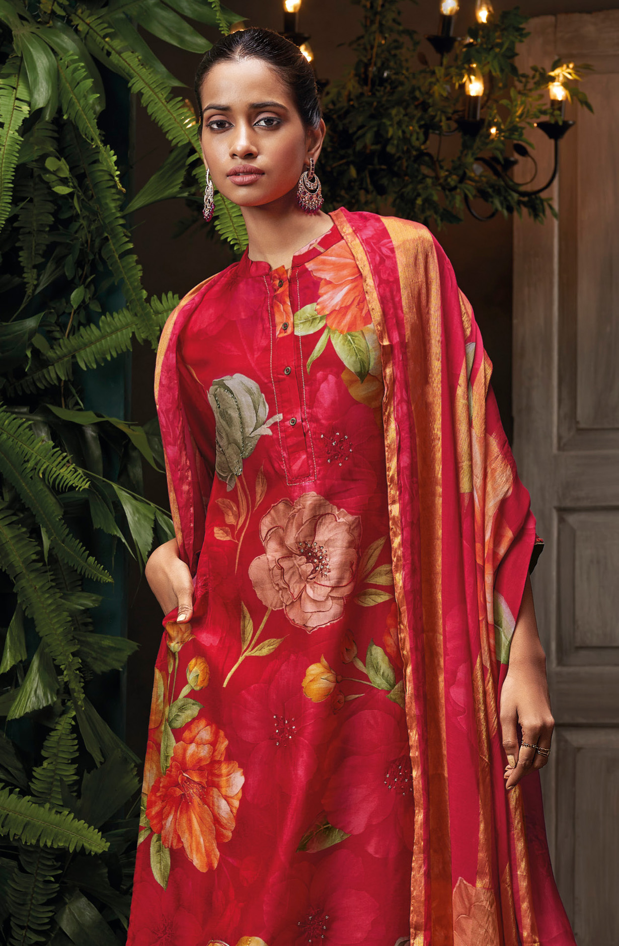 Red Beautiful Russian Silk Unstitched Salwar Kameez with Dupatta - FLOC1491