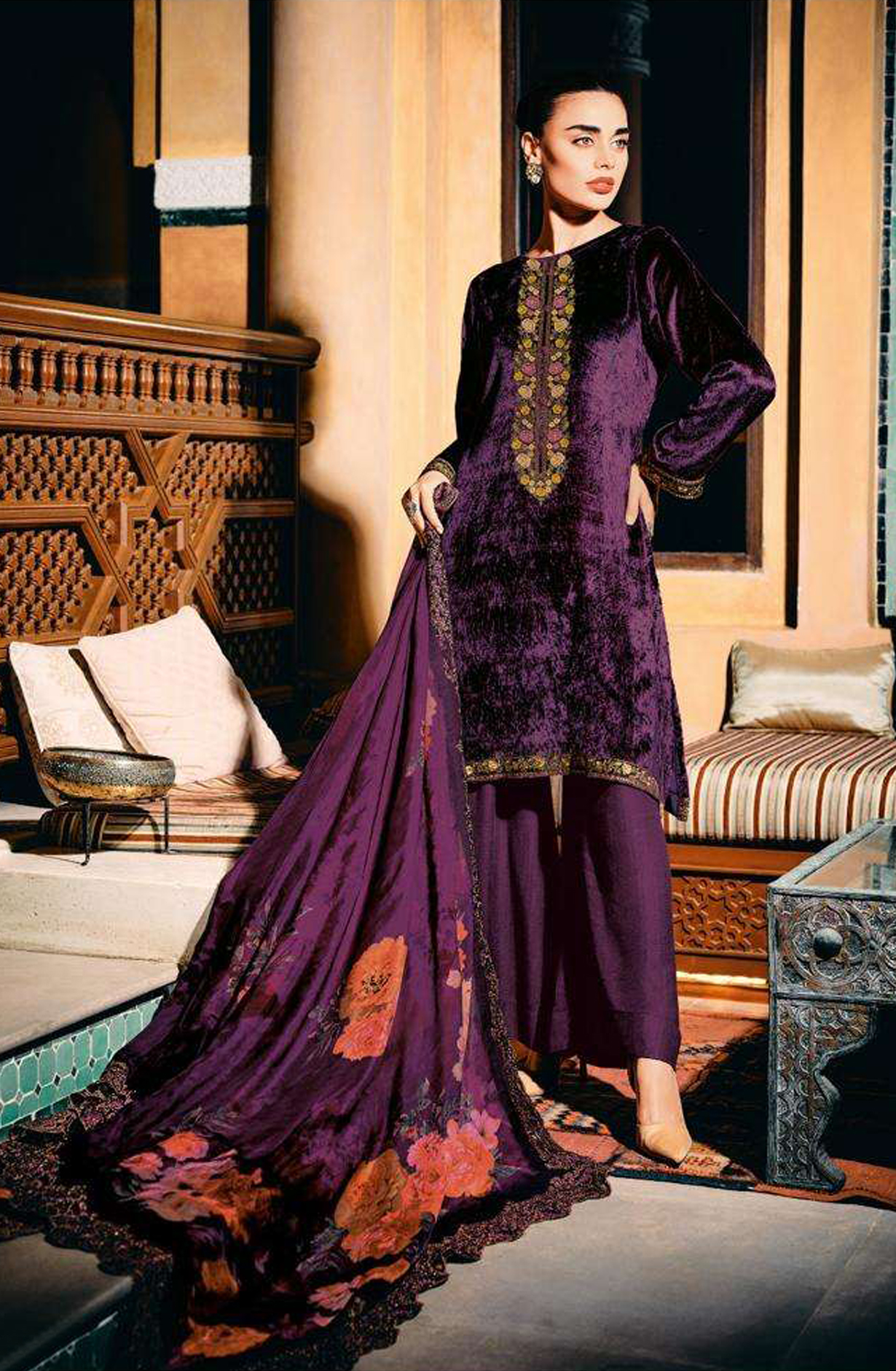 Purple Designer Embroidered Velvet Salwar Kameez - FLOF001