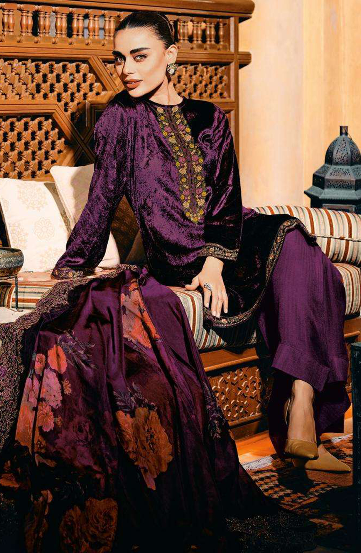Purple Designer Embroidered Velvet Salwar Kameez - FLOF001