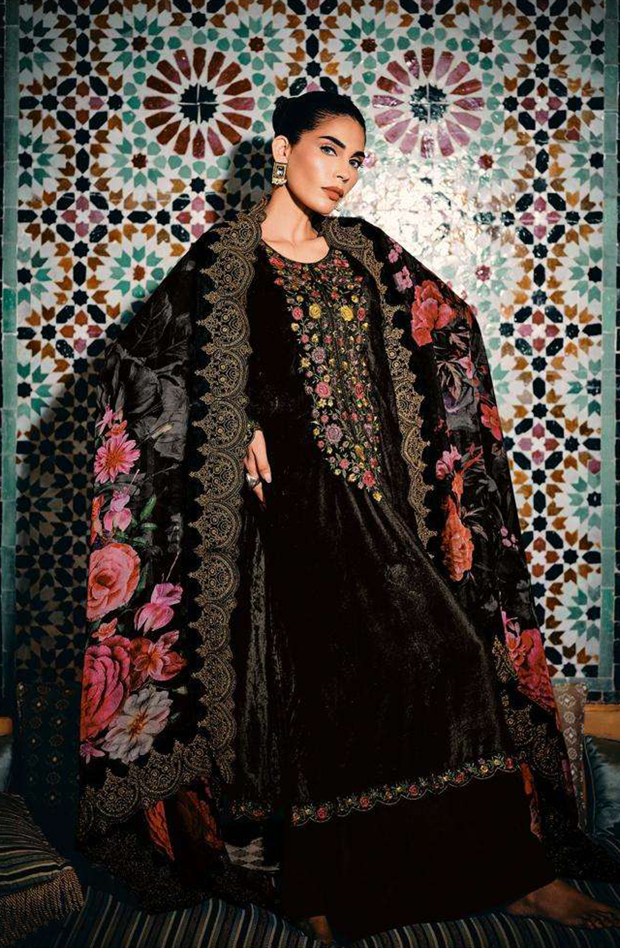 Black Designer Embroidered Velvet Salwar Kameez - FLOF002
