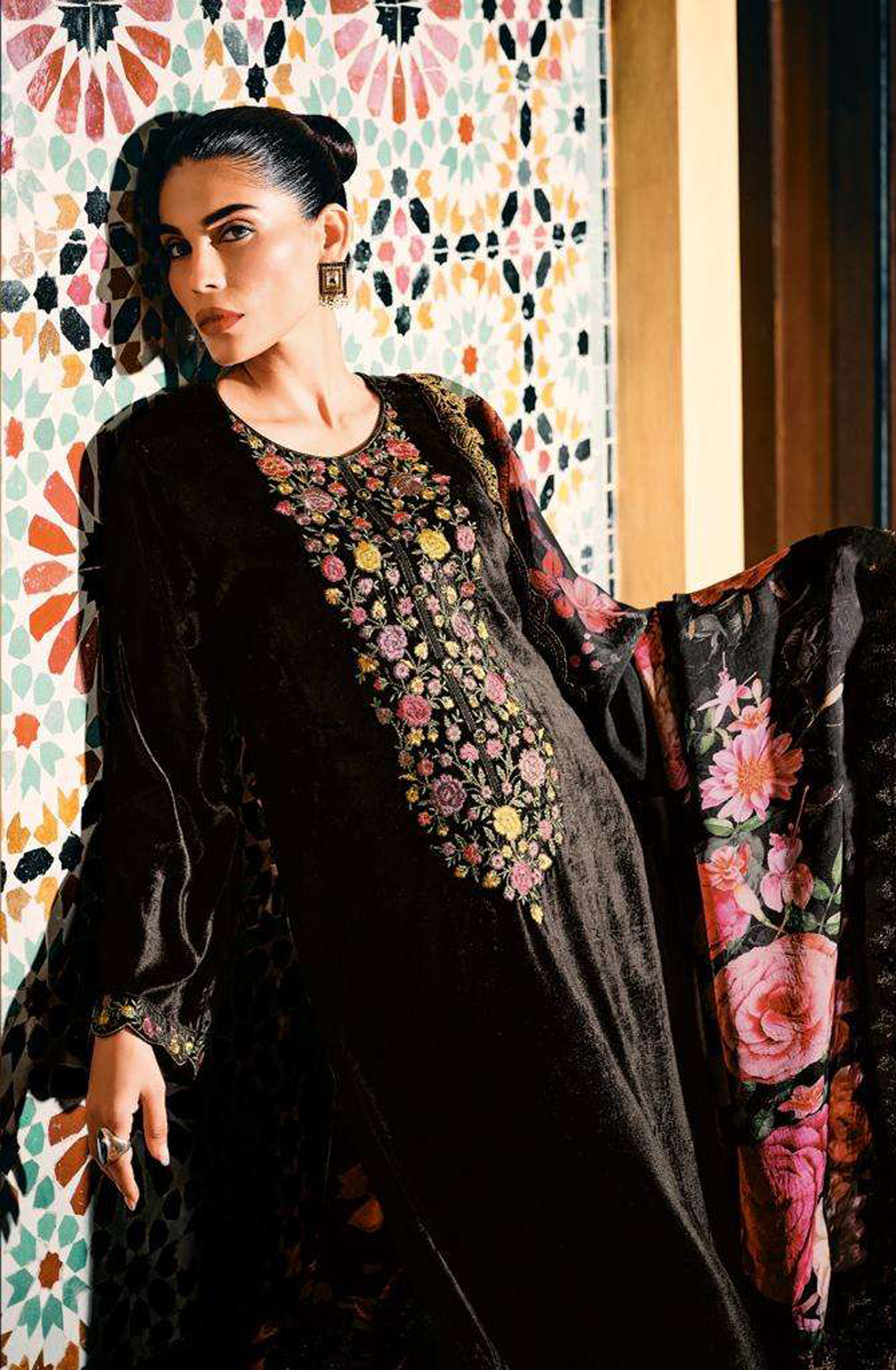 Black Designer Embroidered Velvet Salwar Kameez - FLOF002