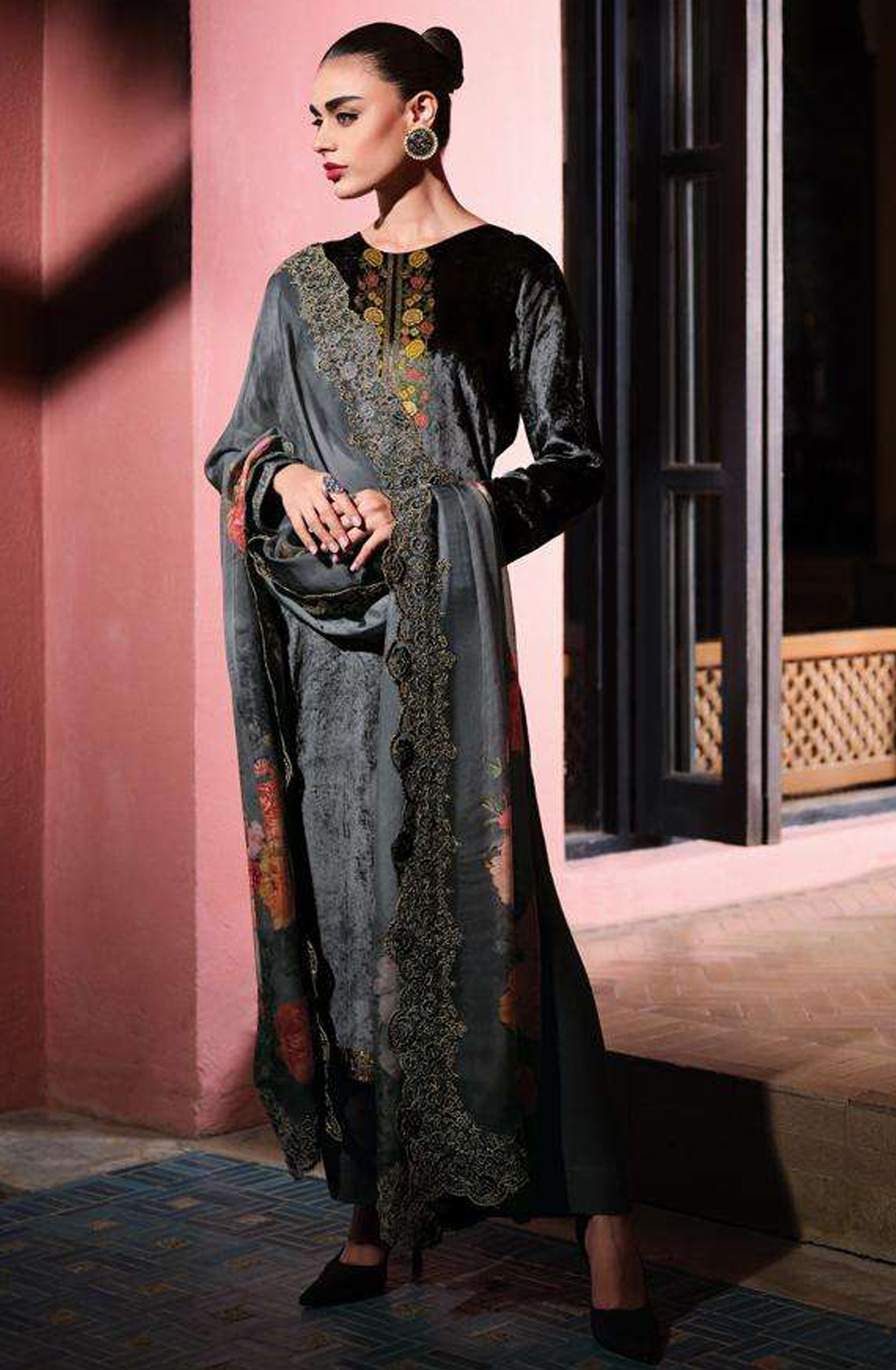 Grey Designer Embroidered Velvet Salwar Kameez - FLOF003