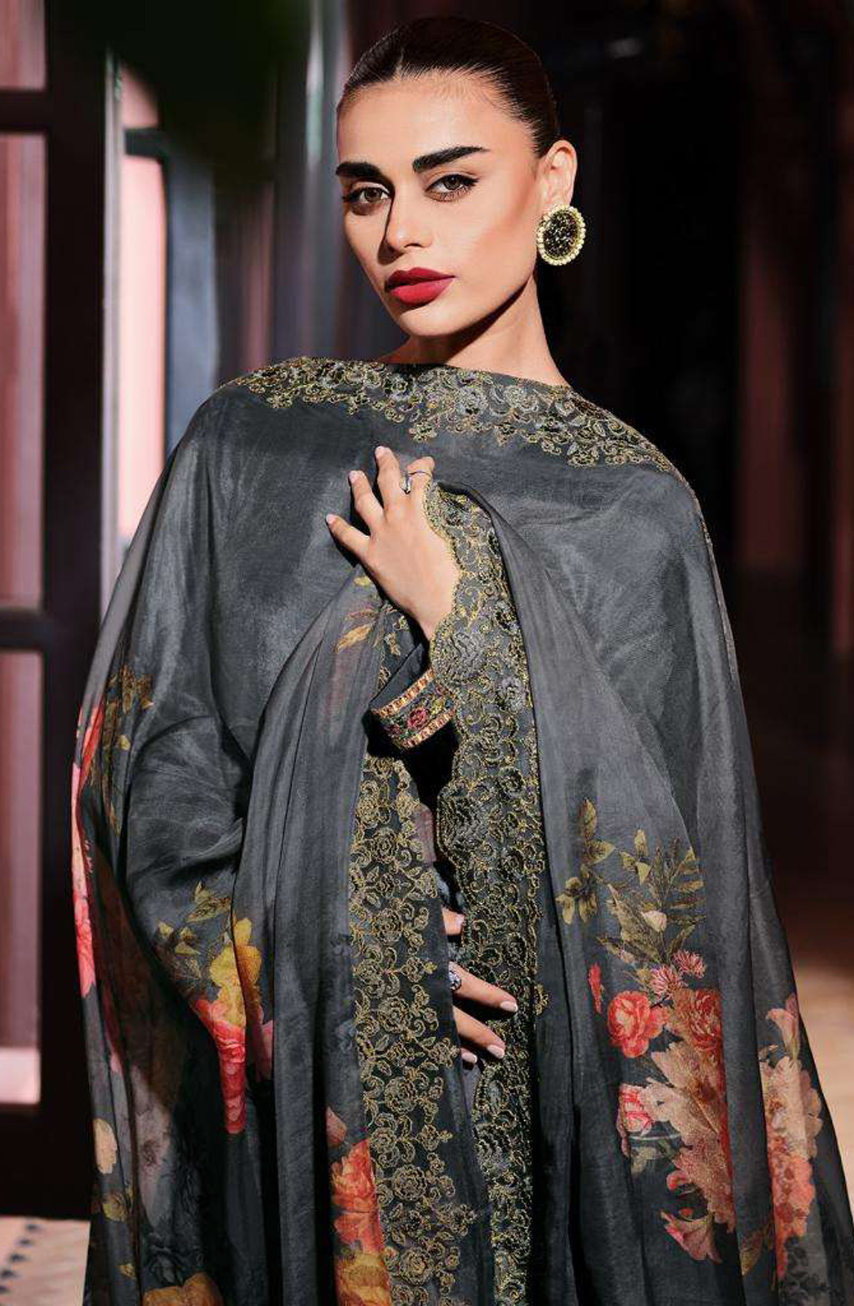 Grey Designer Embroidered Velvet Salwar Kameez - FLOF003