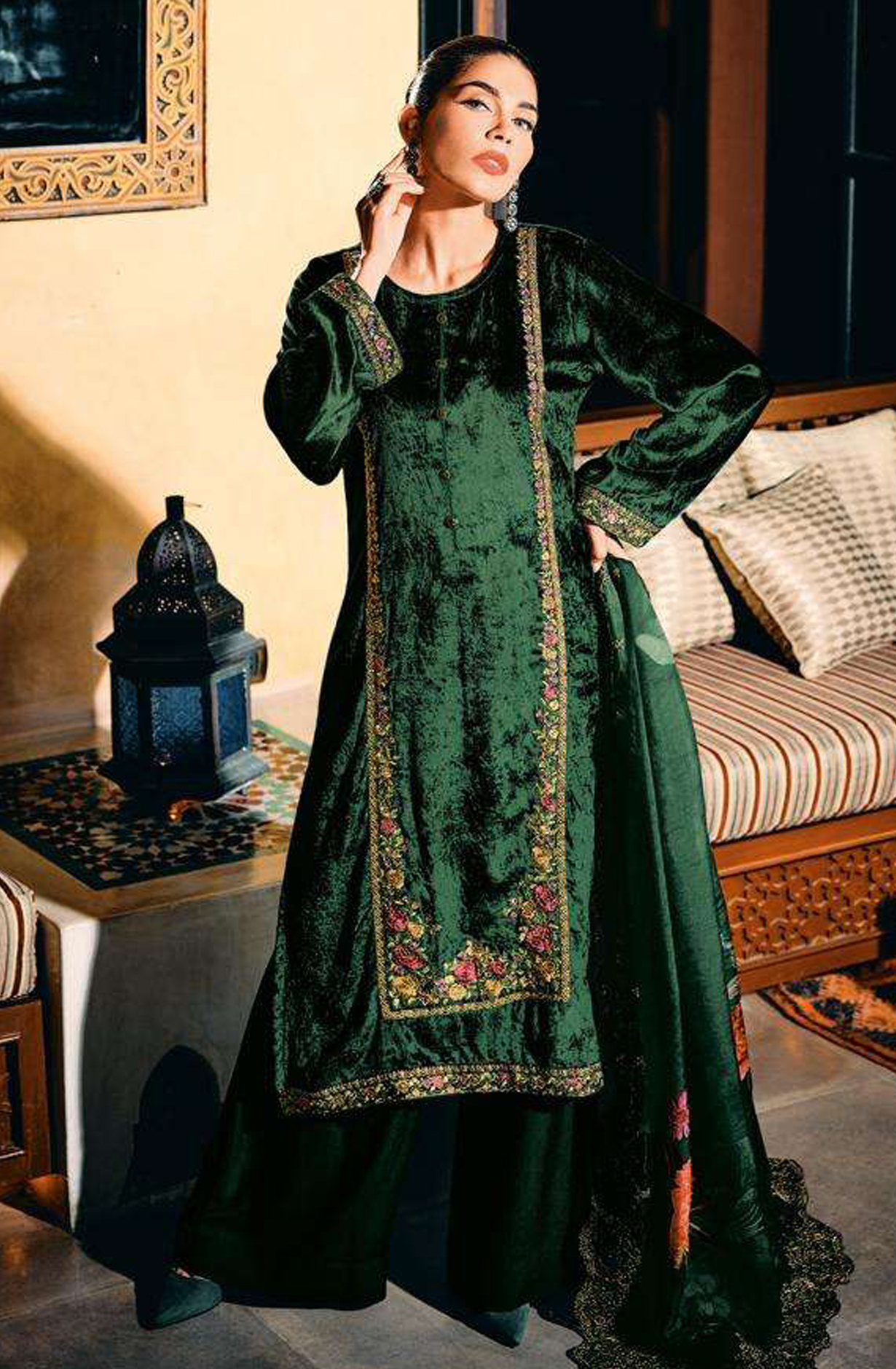 Bottle Green Designer Embroidered Velvet Salwar Kameez - FLOF004