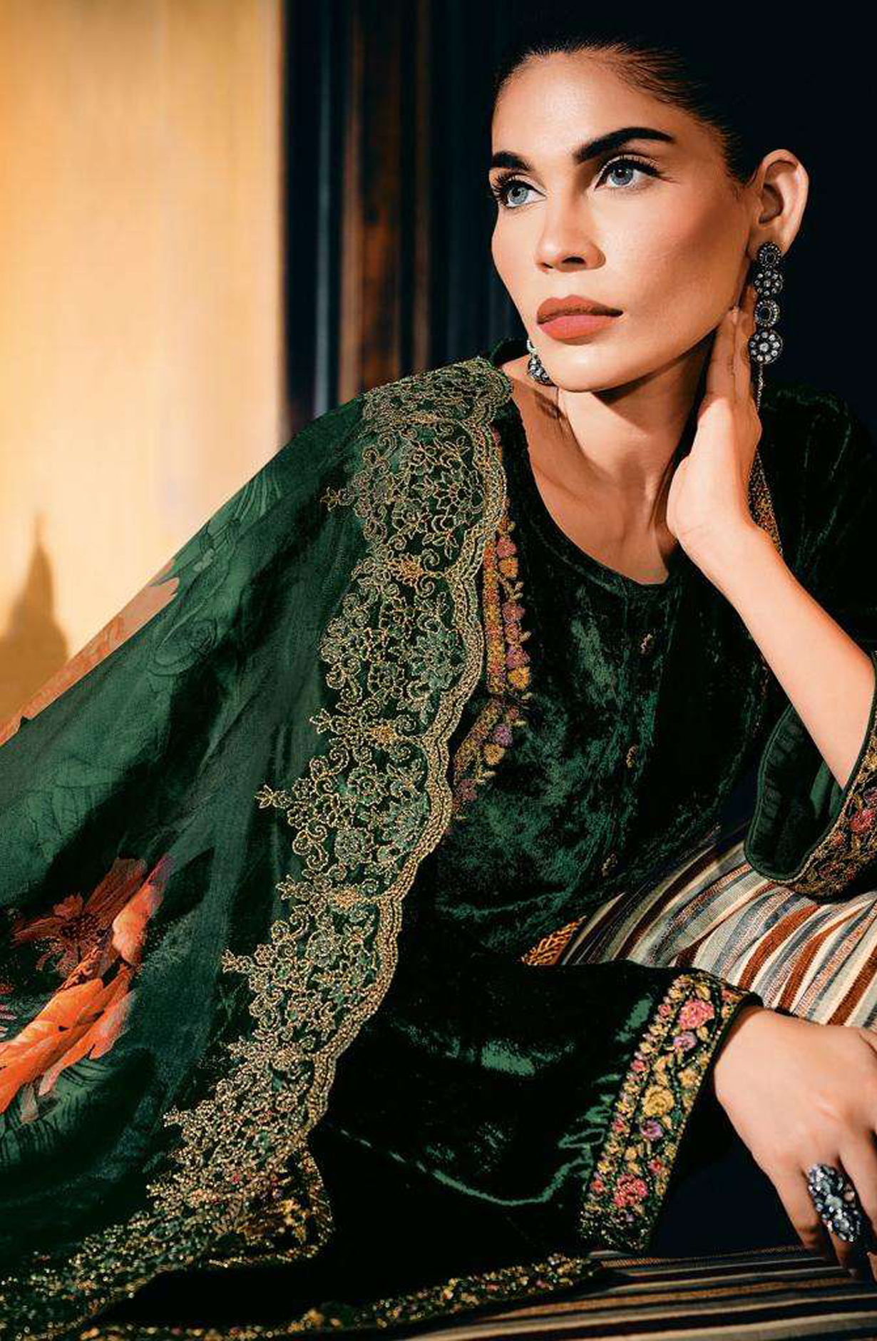 Bottle Green Designer Embroidered Velvet Salwar Kameez - FLOF004