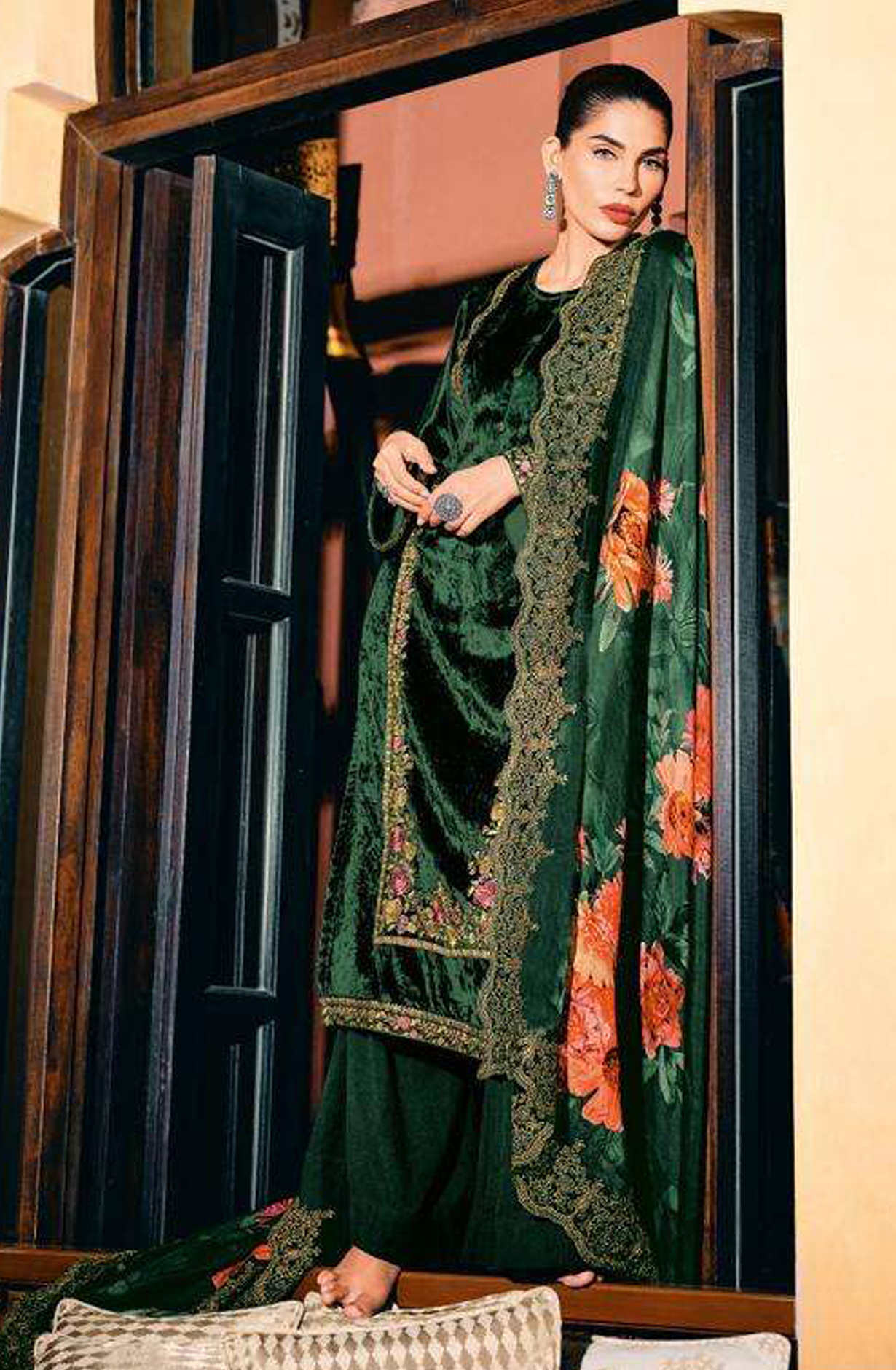 Bottle Green Designer Embroidered Velvet Salwar Kameez - FLOF004