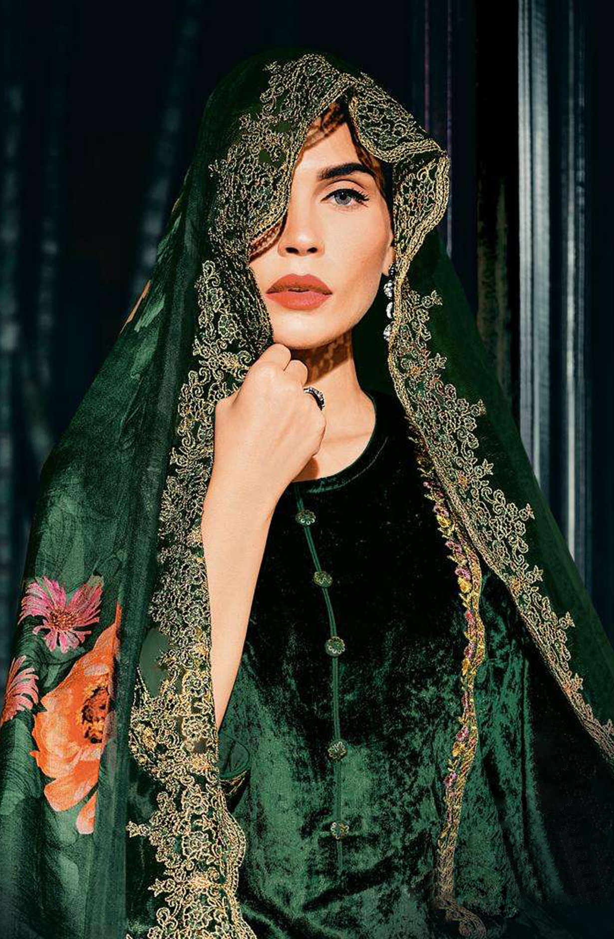 Bottle Green Designer Embroidered Velvet Salwar Kameez - FLOF004