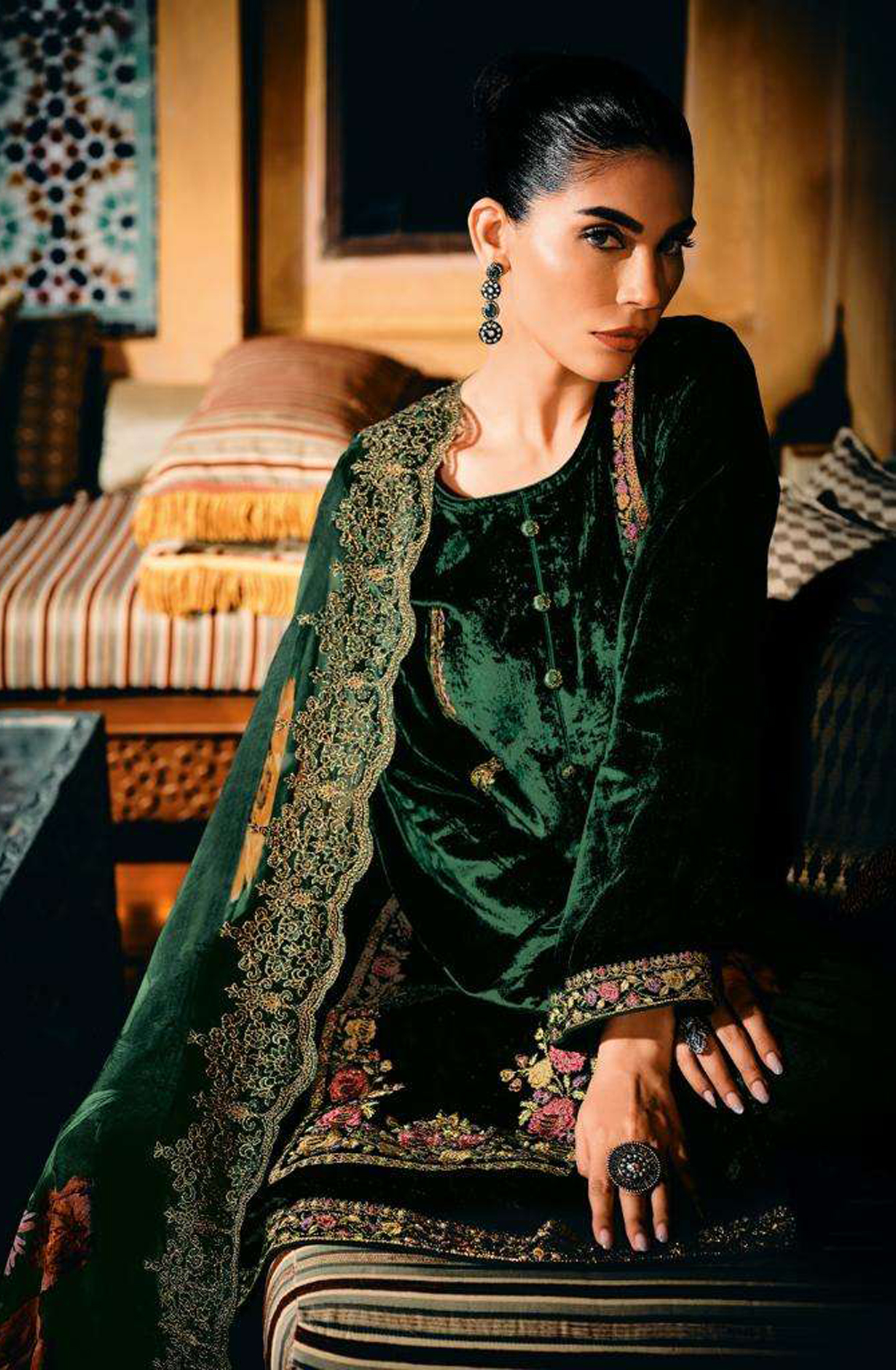 Bottle Green Designer Embroidered Velvet Salwar Kameez - FLOF004