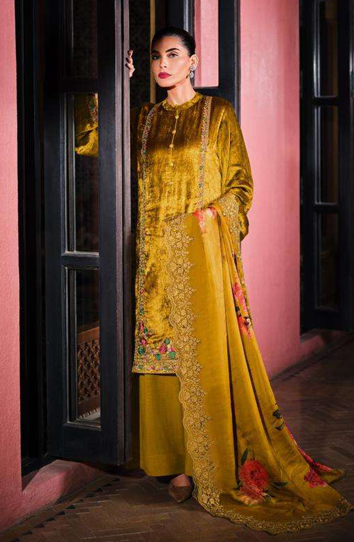 Mustard Yellow Designer Embroidered Velvet Salwar Kameez - FLOF005