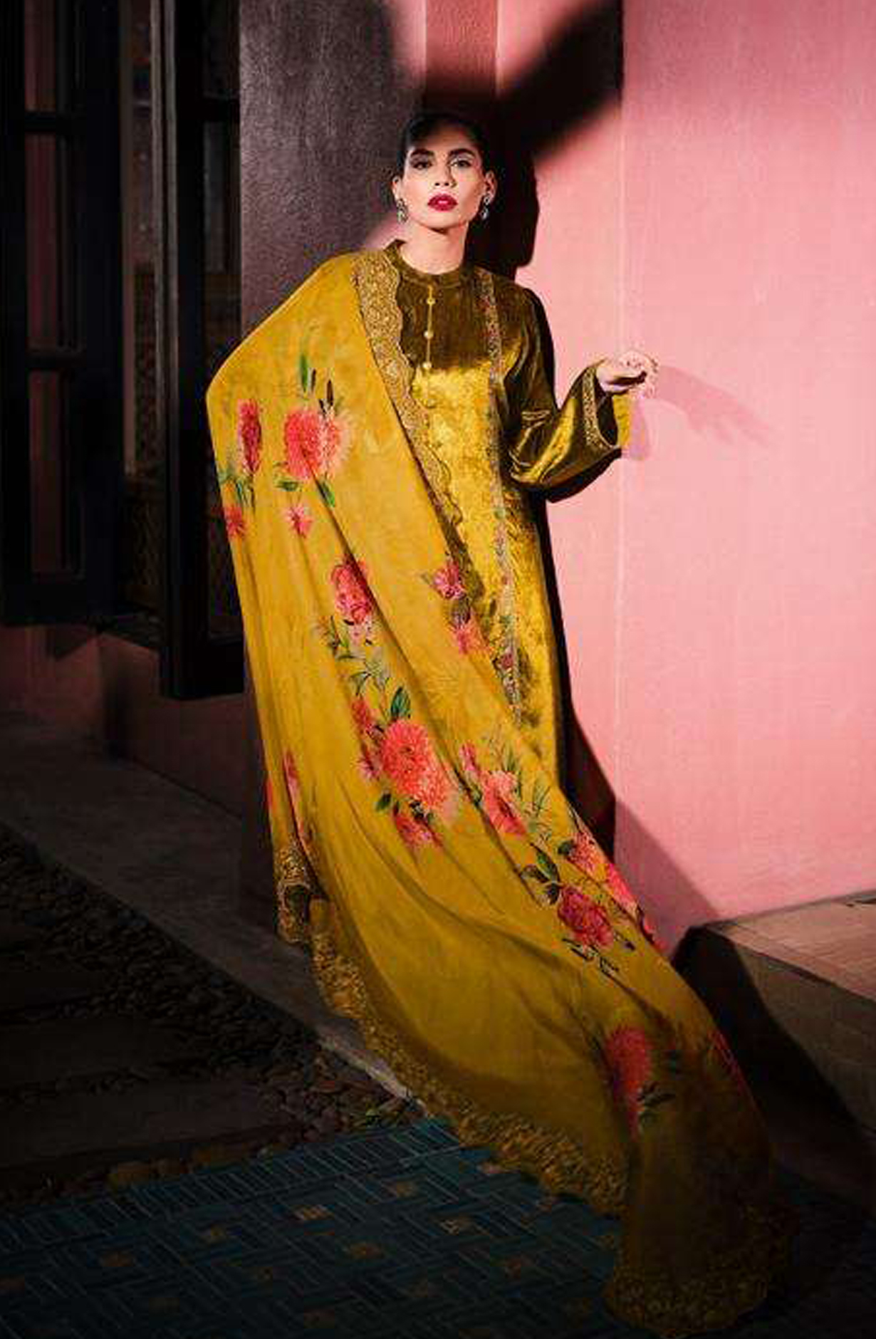 Mustard Yellow Designer Embroidered Velvet Salwar Kameez - FLOF005